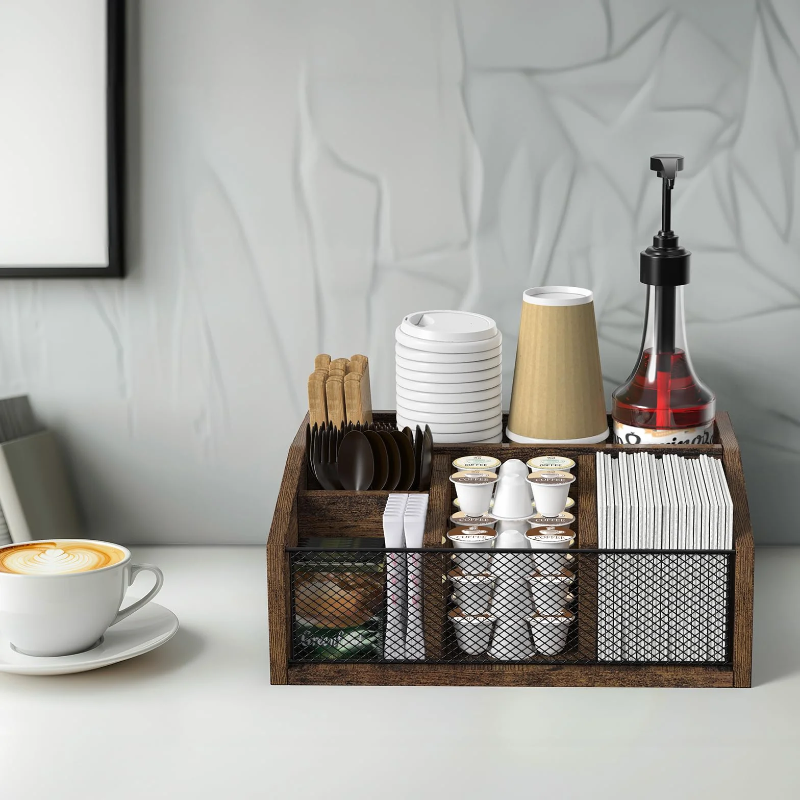 Organizador de Madera para Cafetería 5 Compartimentos con Divisores