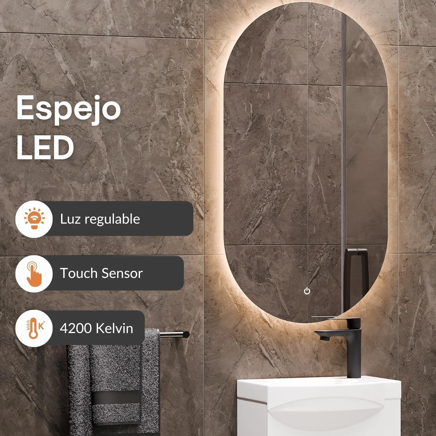 Planetmöbel Conjunto de Muebles de baño Lavabo 40 x 60 x 29 cm, Espejo con iluminación 50 x 90 cm, Blanco
