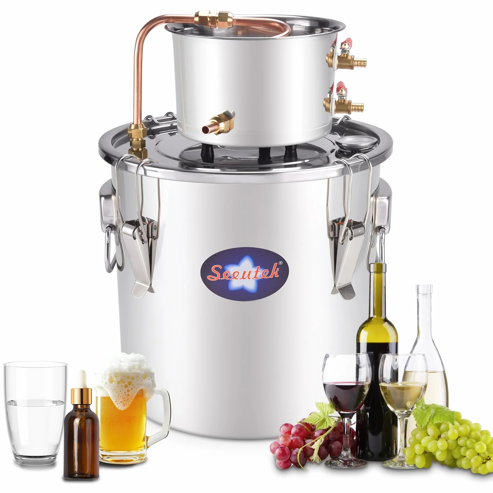 Seeutek 3Gal Kit de destilador de Agua y Alcohol para elaboración de Vino, Caldera de Aceite, Acero Inoxidable de Cobre, Plateado
