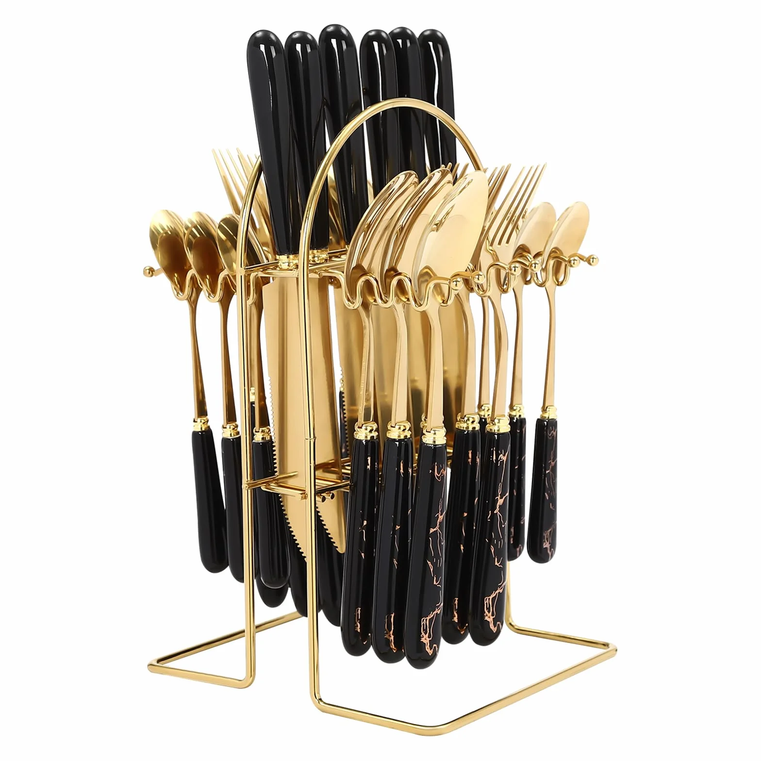 Juego de cubiertos de 24 piezas de acero inoxidable con soporte, hasta 6 personas, para familiares, reuniones de amigos, banquetes de vacaciones, bodas, etc.