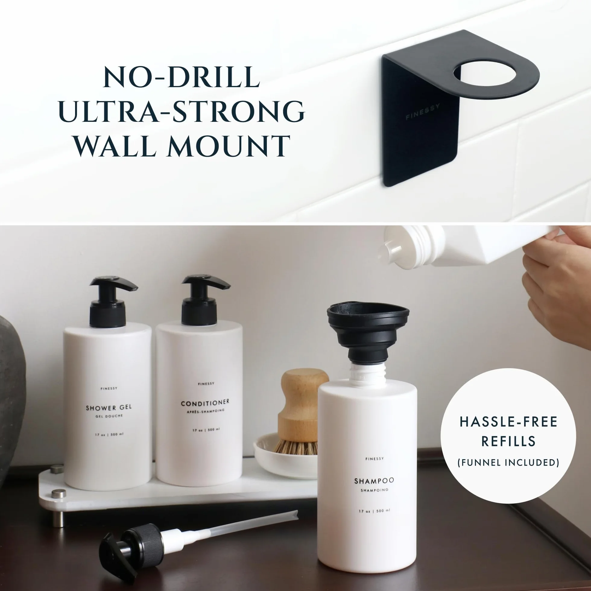 Dispensador de champú y acondicionador de montaje en pared sin taladro, para gel de ducha, jabón corporal, botella de jabón, botella blanca recargable de 3 cámaras, dispensador de champú de baño de