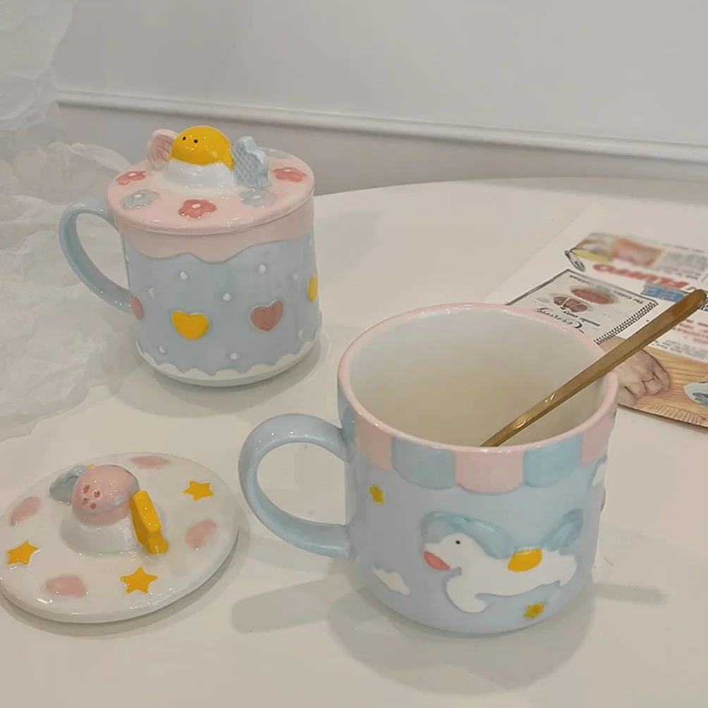 Taza de café de cerámica Taza de cerámica Taza Divertida Mujer con Tapa Cuchara Taza de Agua para el hogar Taza de café Estudiante Desayuno Taza de Leche (C)