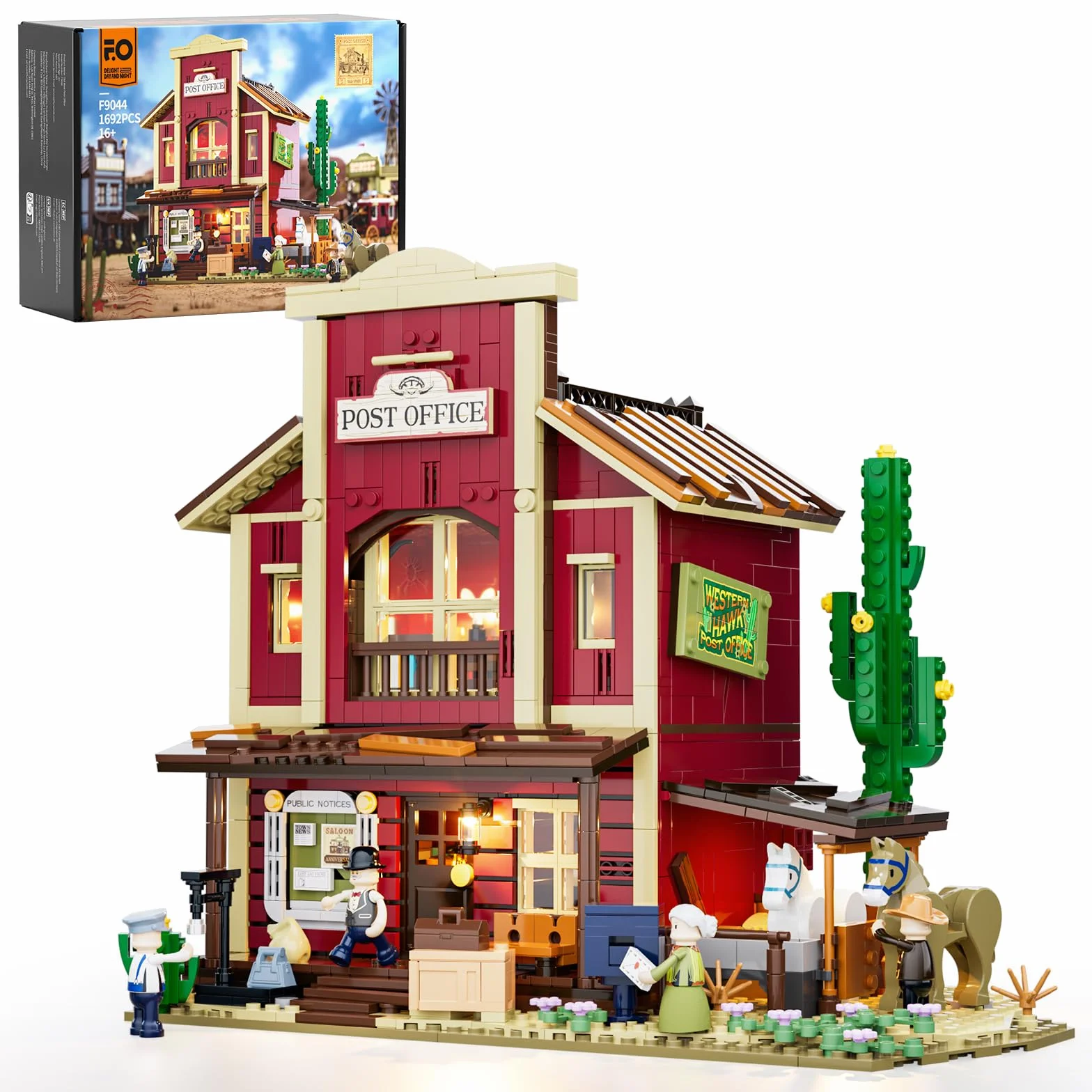 FUNWHOLE Oficina Postal del Oeste – 1692 Piezas | Edificio Modular del Lejano Oeste con 6 Luces LED, Pueblo Vaquero para Adultos y Coleccionistas | Compatible con Serie Western