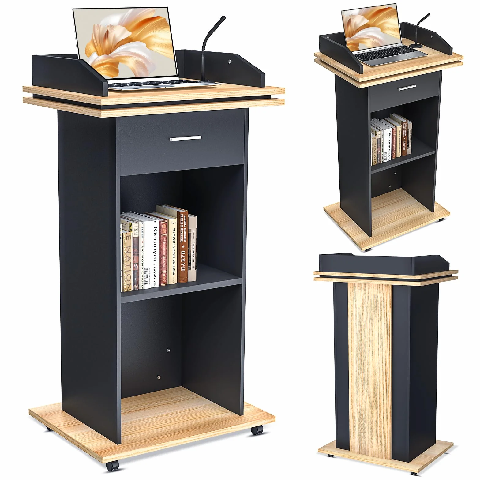 Púlpito de madera con cajón extensible y ruedas, atril de madera maciza de alta calidad con compartimento de almacenamiento de doble capa, atril para iglesia, discurso, escuela, seminario (110 x 46 x