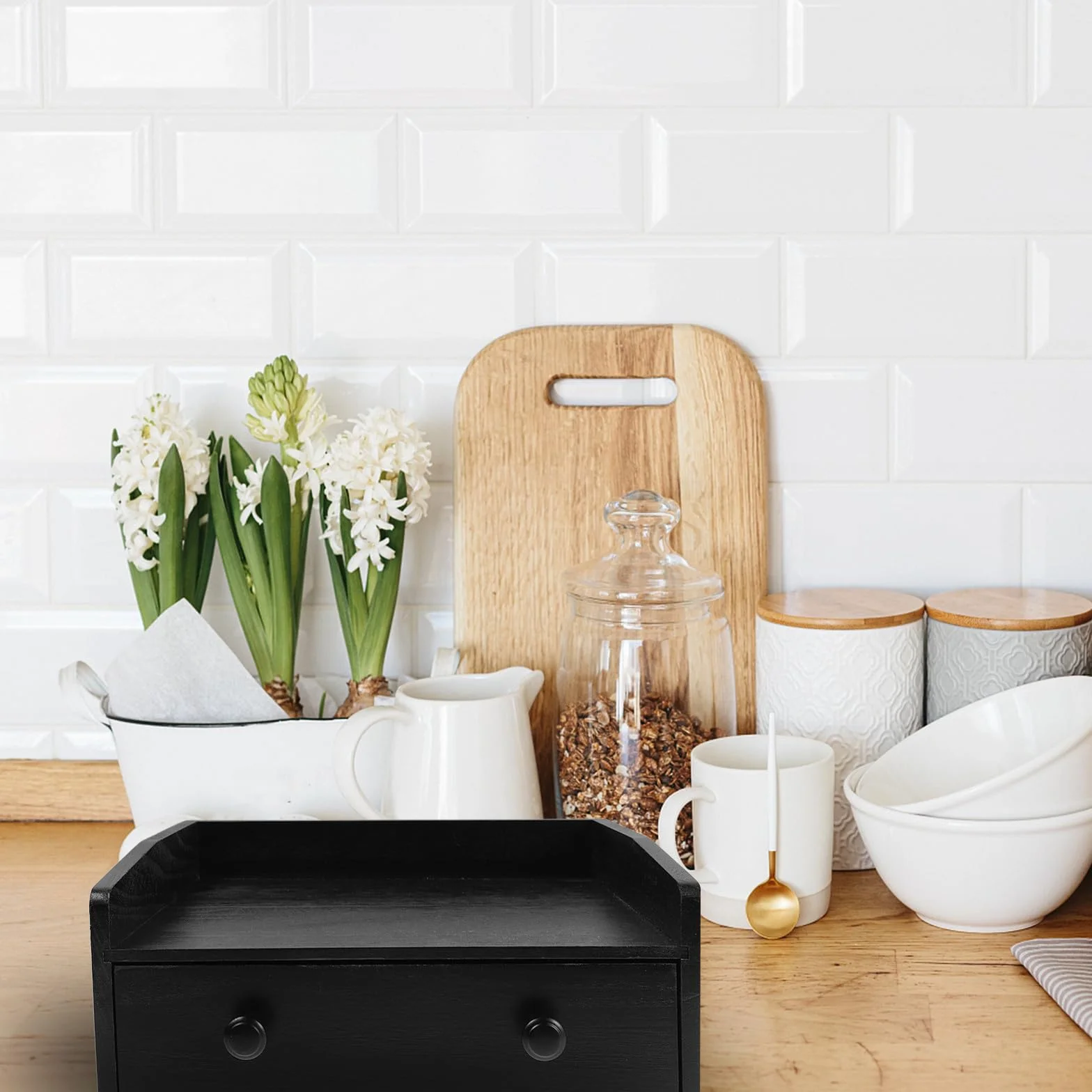 BESPORTBLE Organizador de Madera para Cápsulas de Café y Bolsitas de Té, Cajón Extraíble Negro, Almacenamiento de Sobremesa Resistente, Estación de Café para Cocina y Oficina, Caja Práctica
