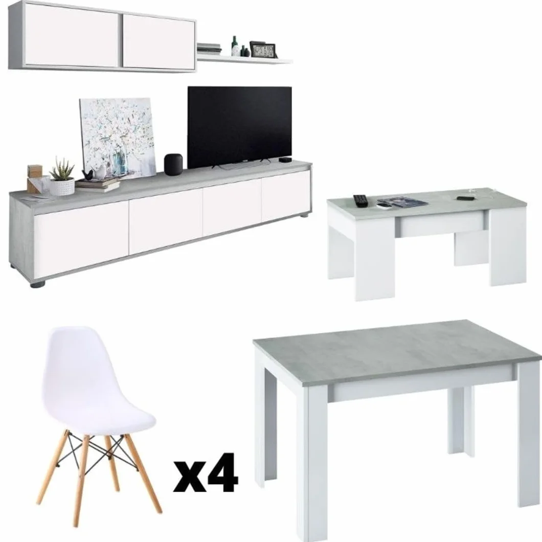 Mobelcenter, Conjunto Salón Cemento, Incluye Mueble y Mesa de Salón, Mesa de Centro y 4 Sillas, Acabado Color Blanco Artik y Cemento (P0018)