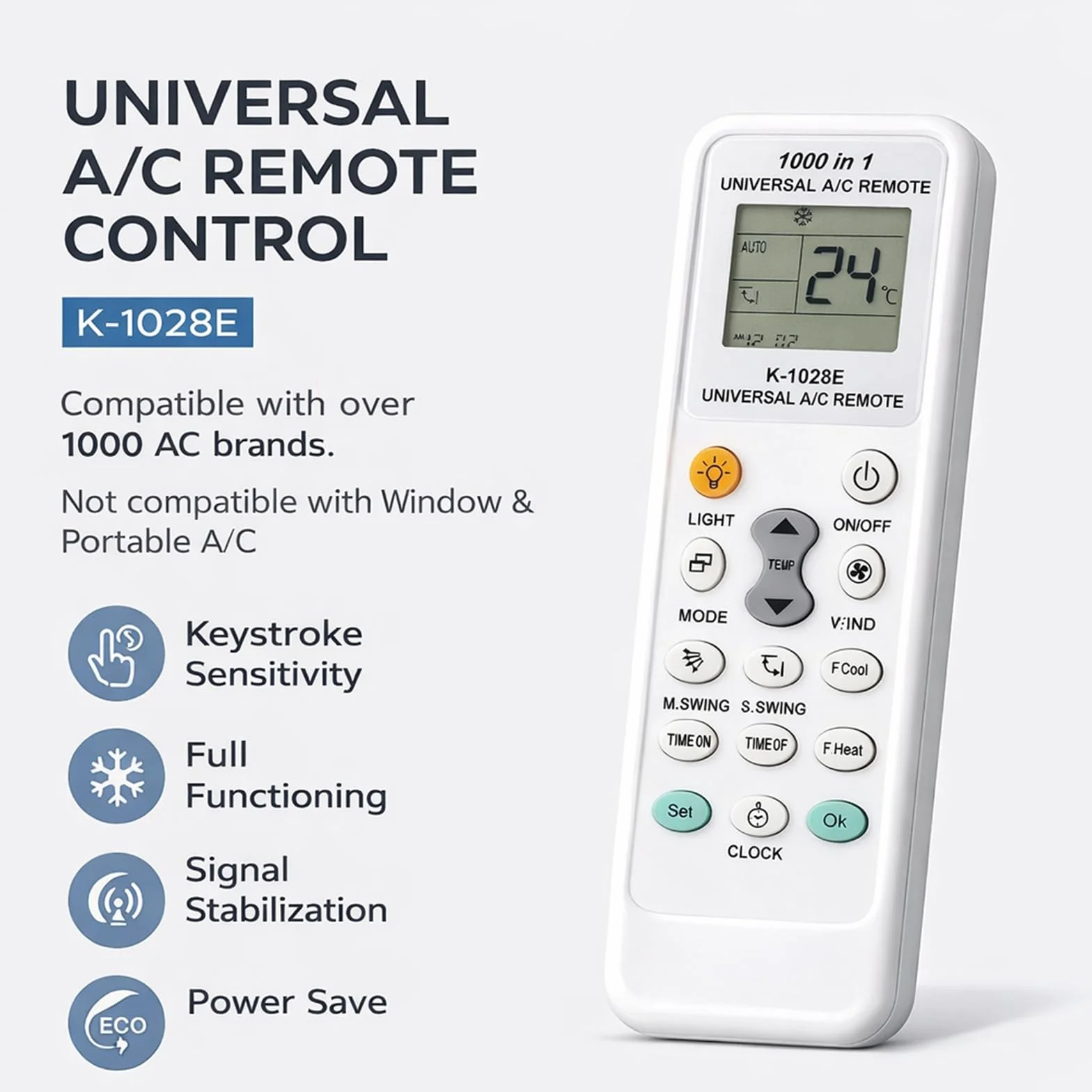 Mando Universal Aire Acondicionado K-1028E, Compatible con 1000 Marcas