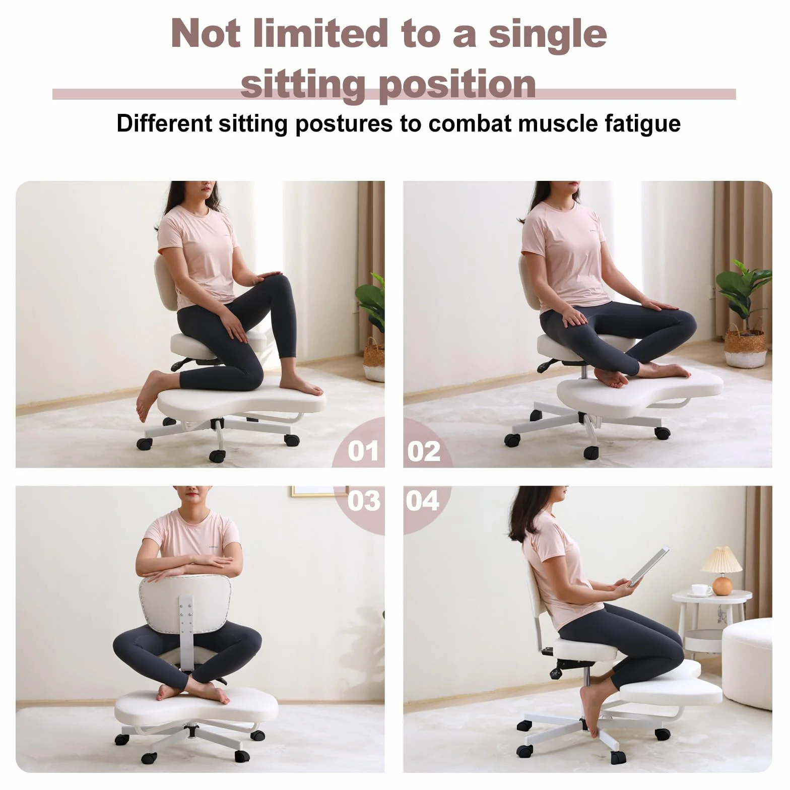 Silla ergonómica de meditación para TDAH, con soporte lumbar y ruedas, altura regulable, silla de oficina con patas cruzadas y reposapiés, color blanco