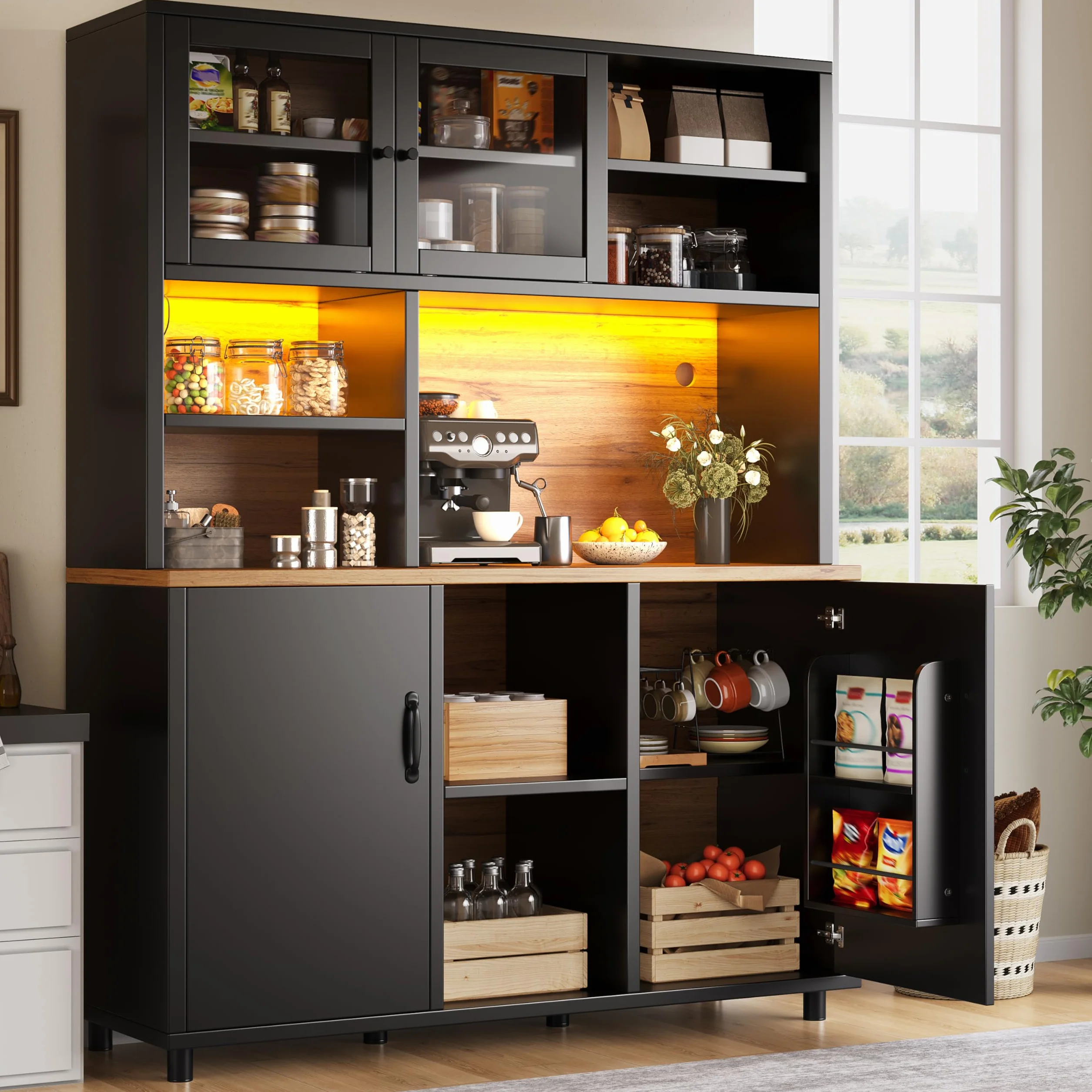 LAKFEW Alacena de Cocina Armario Cocina con Iluminación LED y Puerta Corredera de Cristal, Aparadores Mueble Auxiliar Cocina con Estante Ajustable y Puerta de Almacenaje, 140x40x185 cm, Negro