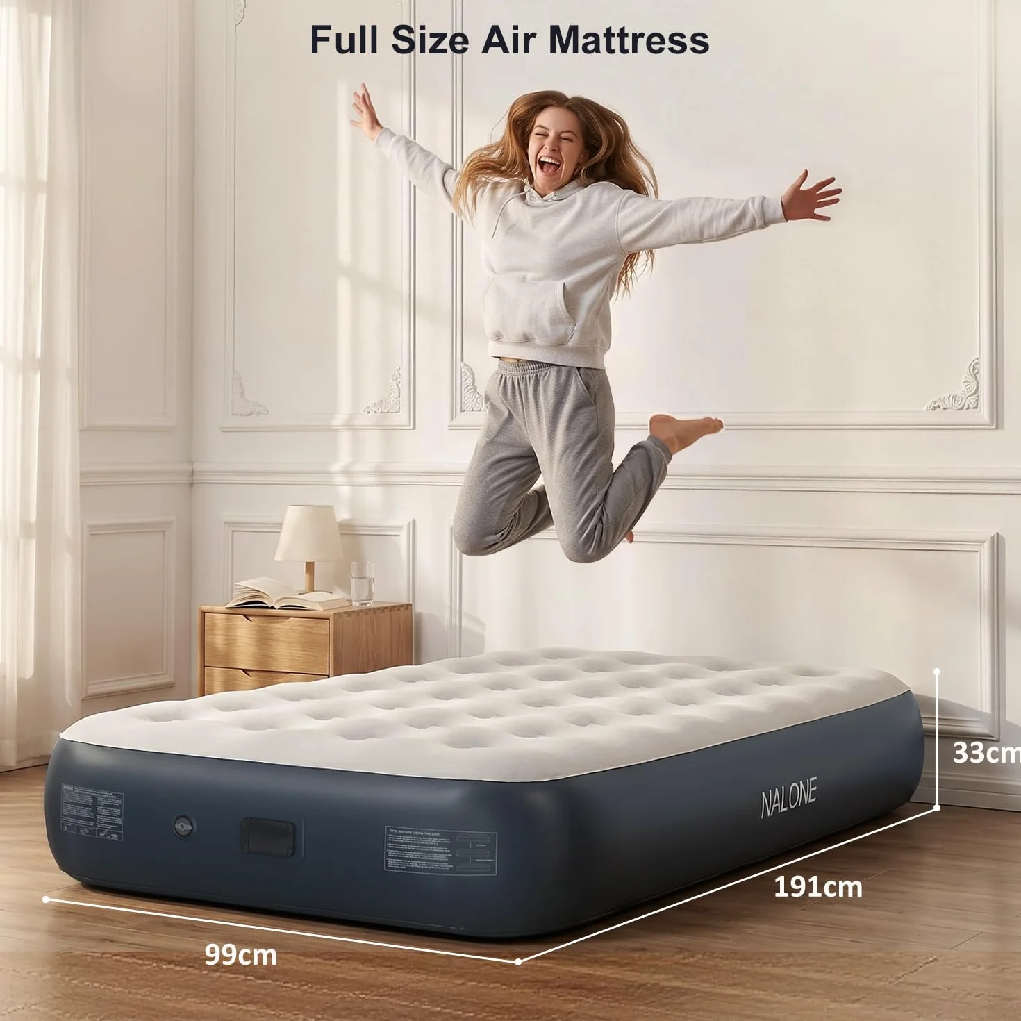 NALONE Colchón Hinchable Individual con Inflador Recargable Integrado 191x99x33cm, Colchón Inflable Matrimonio Autohinchable Cama Hinchable Eléctrico para Uso Doméstico Y Camping
