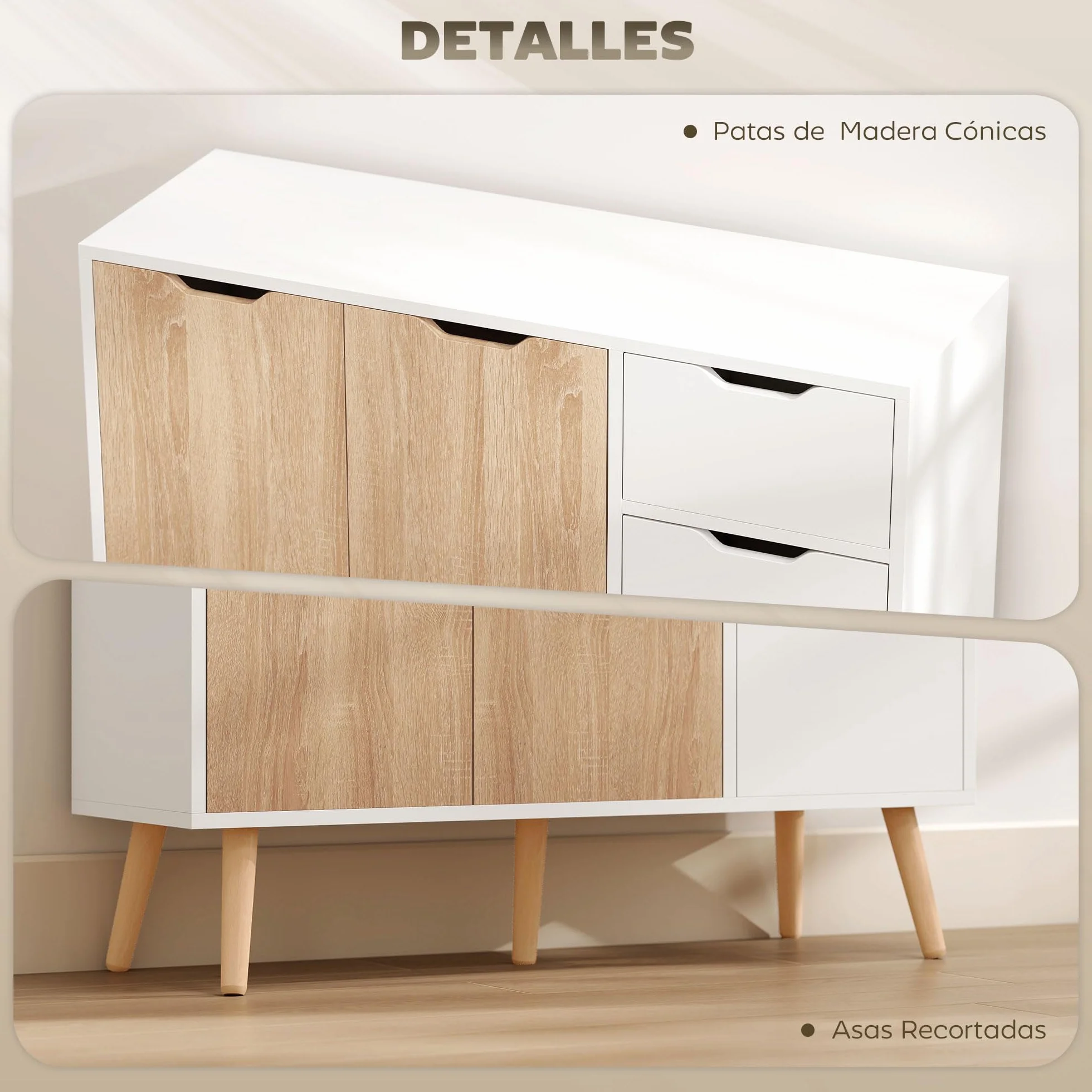 HOMCOM Aparador Moderno 90x30x72 cm Blanco y Natural con 3 Puertas y Cajón