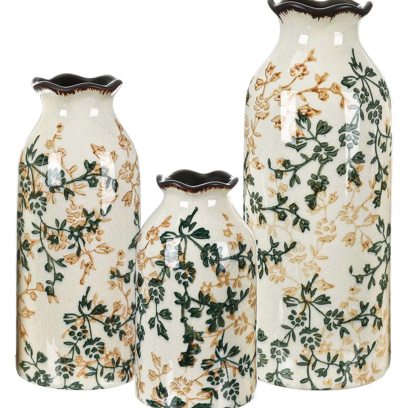 3 jarrones de cerámica vintage verde y beige agrietados para el hogar, estantería, sala de estar, centro de mesa (pequeño, mediano y grande)