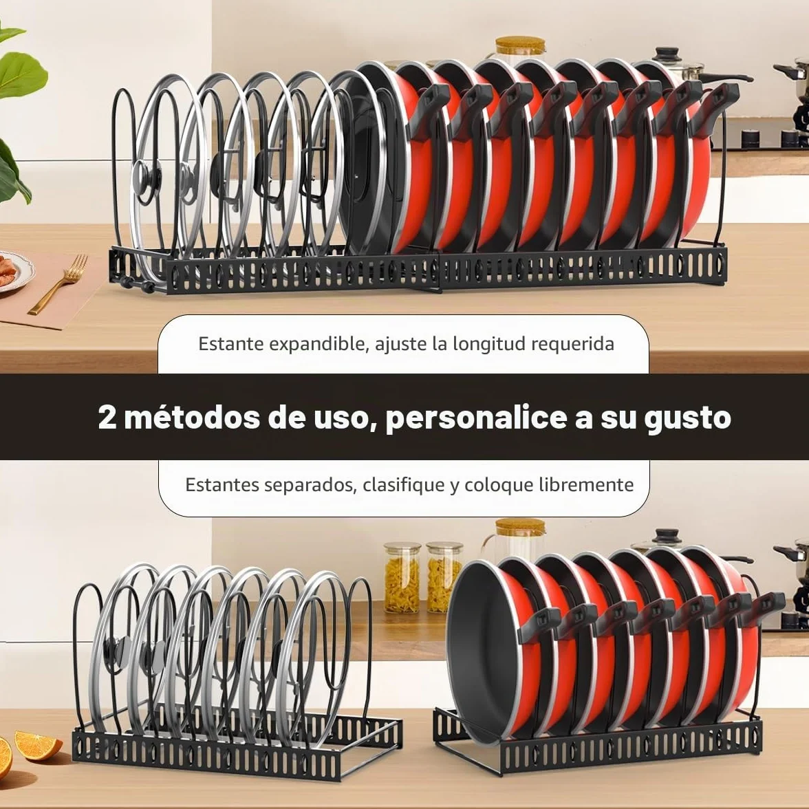 Organizador de Ollas y Sartenes Extensible con 14 Compartimentos Ajustable Soporte Tapas Negro