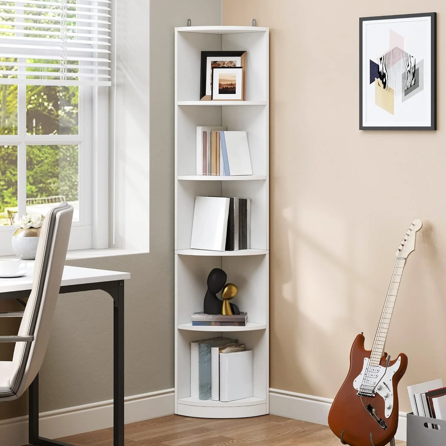 YITAHOME Estante de esquina de 5 niveles, estantería de esquina moderna de 70 pulgadas de alto, estantería de esquina de 5 estantes y estanterías, oficina en casa, color blanco