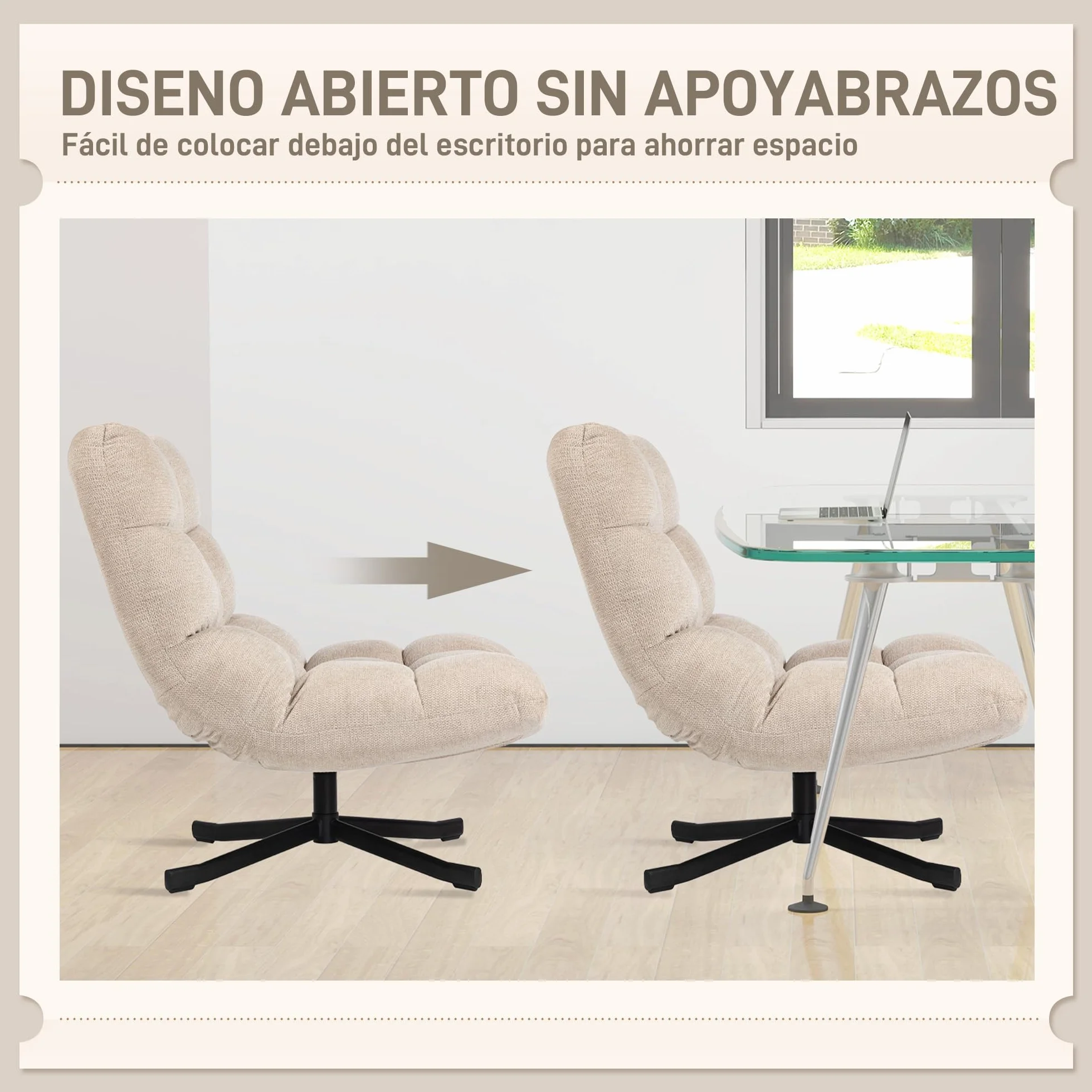 HOMCOM Sillón Giratorio Moderno, Butaca de Salón con Respaldo Plegable, Base de Cruz, Tapizado en Chenilla Impermeable, Asiento Extra Ancho y Patas de Acero, para Sala de Estar, Dormitorio, Crema