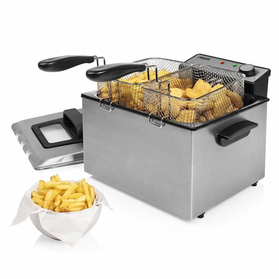 Princess 185000 - Freidora con 3 cestas semiprofesional, una grande y dos pequeñas, zona fría, potencia de 3270 W, volumen de 5 litros, acero inoxidable