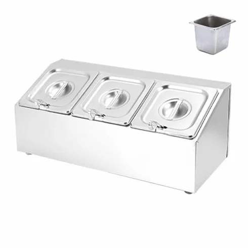 Estación de acero inoxidable para pizzas con sartenes y tapas, dispensador de especias inclinado, estante para condimentos, salsas, ensaladas y estante de ingredientes de mermelada