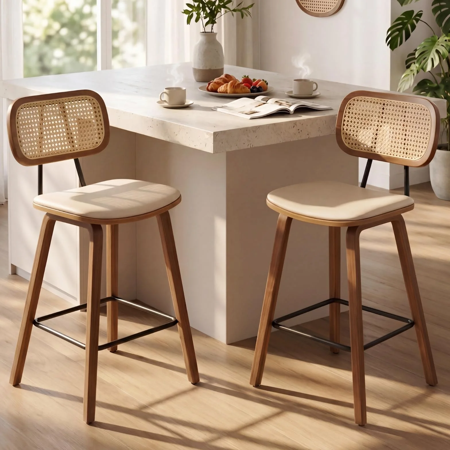 Ya-Home Juego de 2 Taburetes Altos de Cocina Modernos con Respaldo Rattán,Taburetes de Bar Tapizando en Cojín de PU, Sillas Altas de Mostrador con Patas de Madera para Hogar/Restaurante