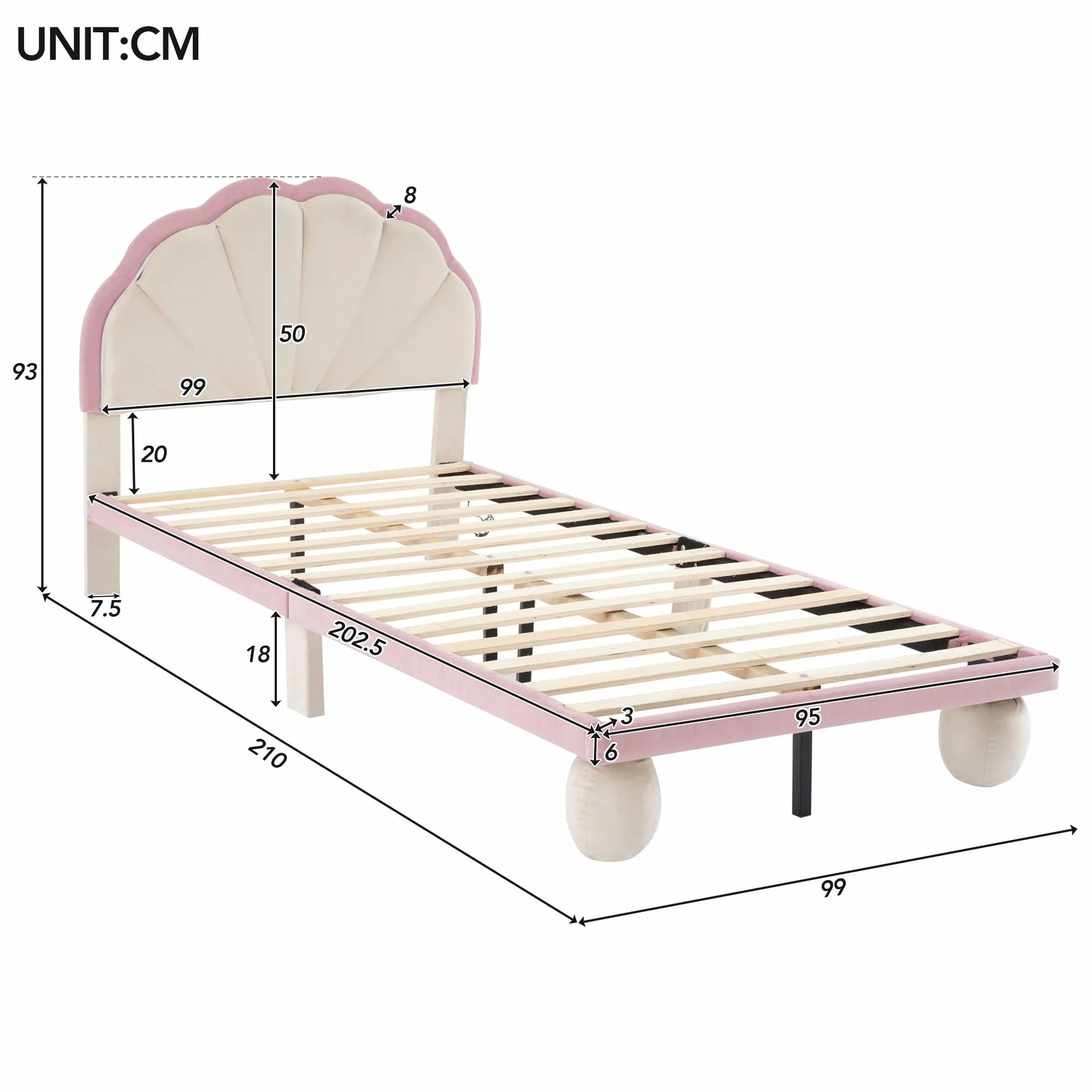 Cama tapizada LED para niños: cama individual de terciopelo en beige y rosa, 90 x 200 cm, con cabecero ondulado, tiras de luz que cambian de color y patas acolchadas, habitación infantil de cuento de