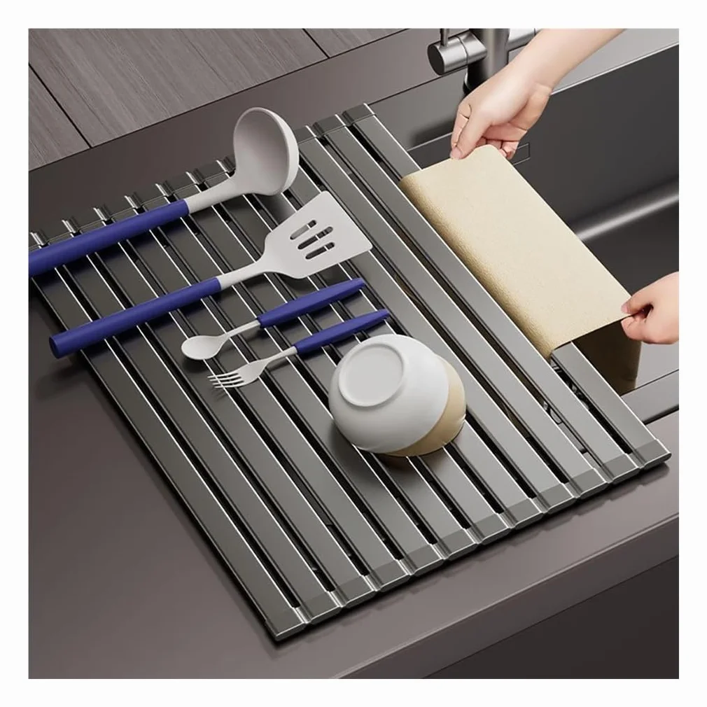 Escurridor de Platos Extensible de aleación de Aluminio para Colocar sobre el Fregadero, Plegable, Antideslizante y Resistente al Calor.