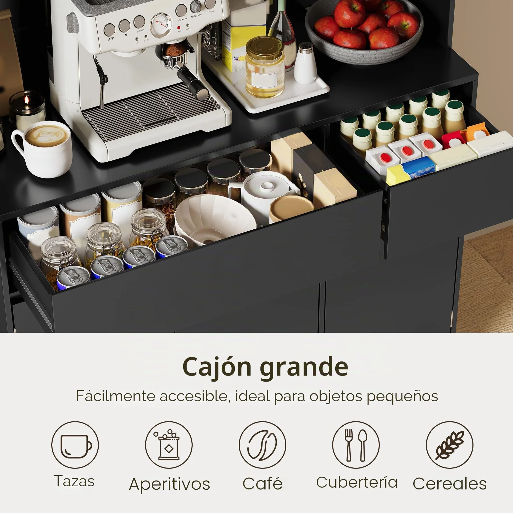 Armario Cocina Alto con LED y Enchufe, Mueble Auxiliar con Vitrina 6 Puertas 2 Cajones, 100x38,5x180 cm
