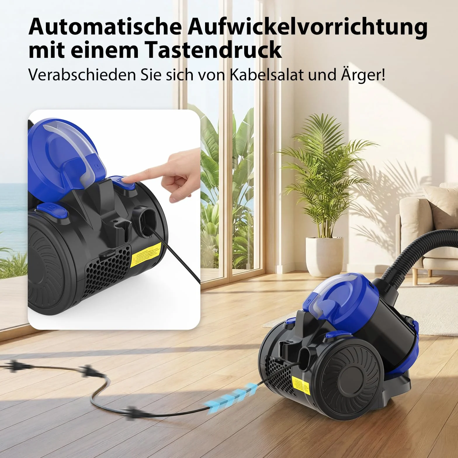 Aspiradora ciclónica de 1200 W, sin bolsa, con tecnología ciclónica para suelos duros y alfombras, cilindro de aspiradora con accesorios, bajo consumo de energía 1,5 L, filtro HEPA, radio de trabajo