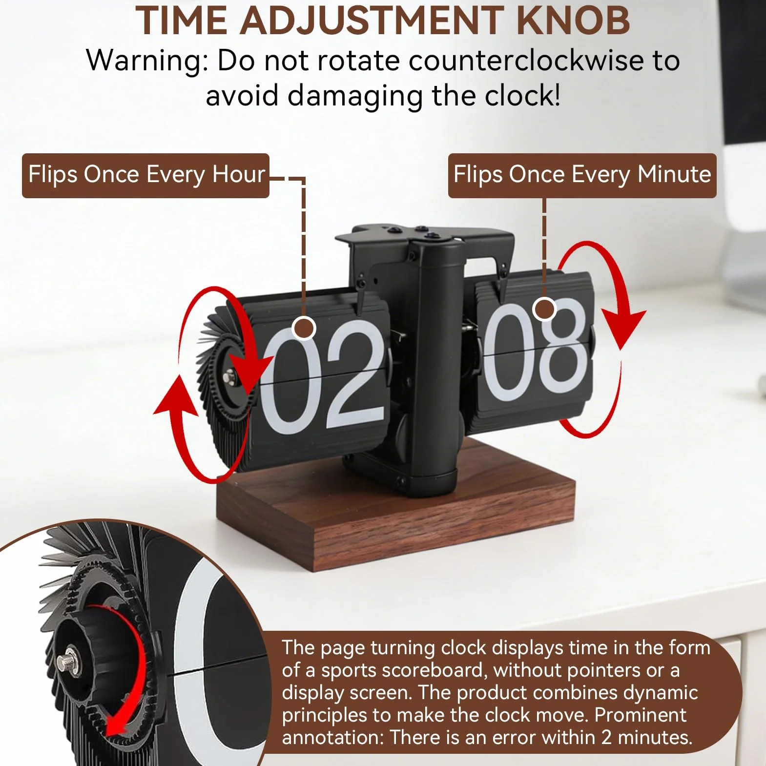 HERCHR Reloj Digital Abatible Vintage, Reloj de Escritorio Retro con Base de Madera, Reloj Despertador de 24H con Engranajes Internos