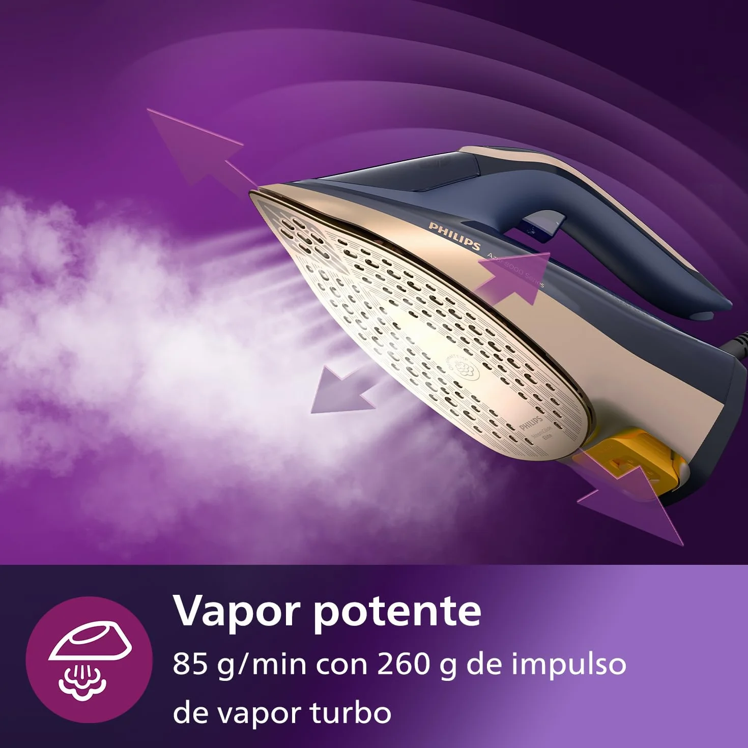 Philips Azur Serie 8000 Plancha De Vapor - 85 g/min De Vapor Continuo, 260 g De Impulso De Vapor Turbo, 3000 W, Tecnología OptimalTEMP, Suela SteamGlide Elite, Azul Oscuro (DST8050/20) | Depósito de 350 ml, sistema antical integrado, tecnología OptimalTem