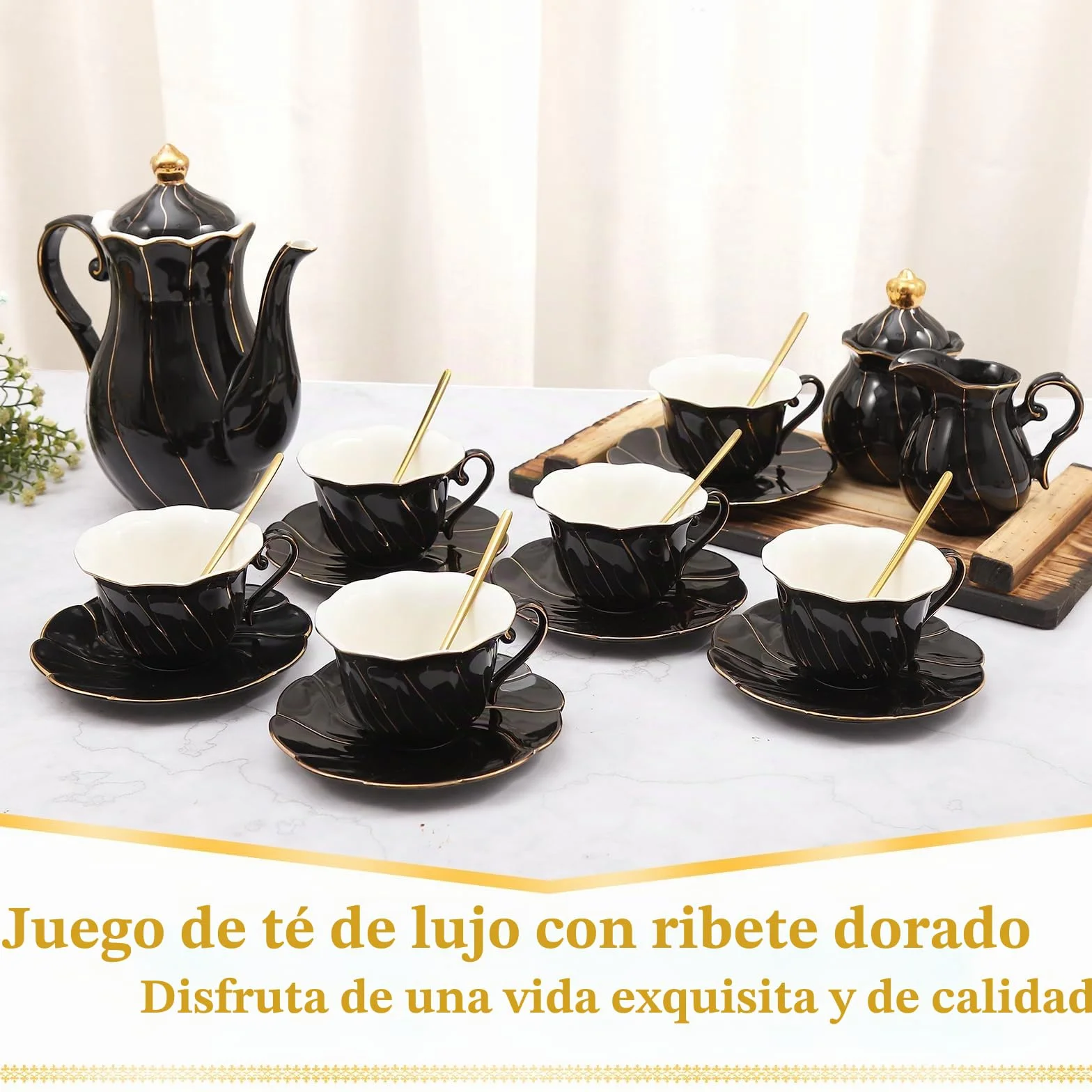 DUJUST Juego de té de porcelana de 22 piezas para 6, juego de tazas de té y café de estilo británico de lujo con borde dorado, hermoso juego de té para mujeres, juego de fiesta de té, paquete de