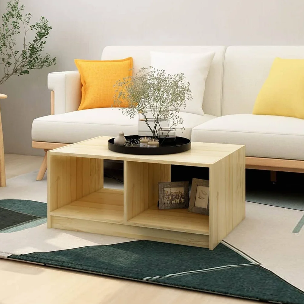 Mesa de centro 75 x 50 x 33,5 cm madera maciza de pino, moderna mesa auxiliar con estante, muebles de salón robustos para aperitivos, bebidas, decoración