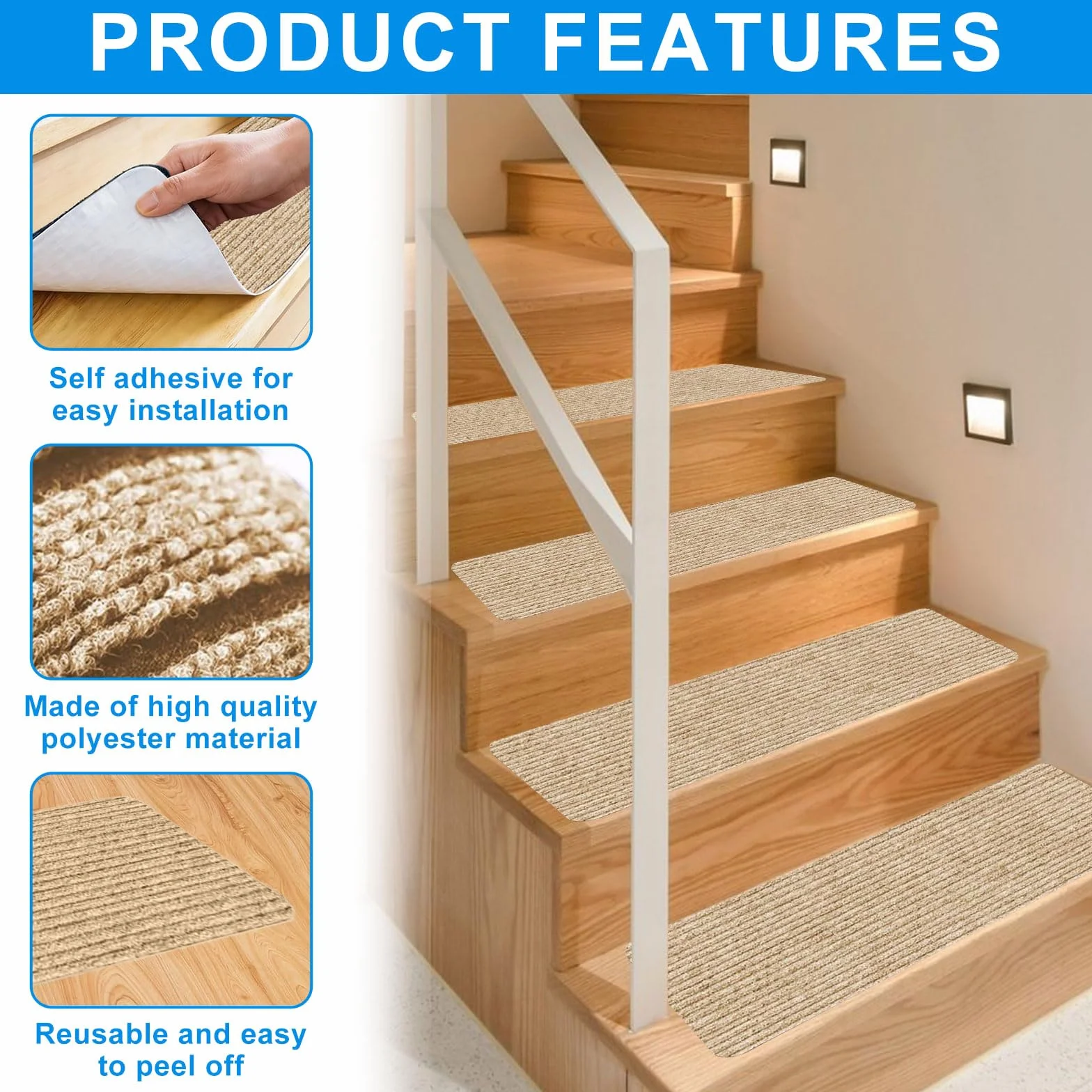 15 piezas de alfombrillas para escalones, alfombrillas de 55 x 22 cm, alfombrilla de puerta beige repelente al agua, autoadhesiva antideslizante rectangular para escalones, para interior, para