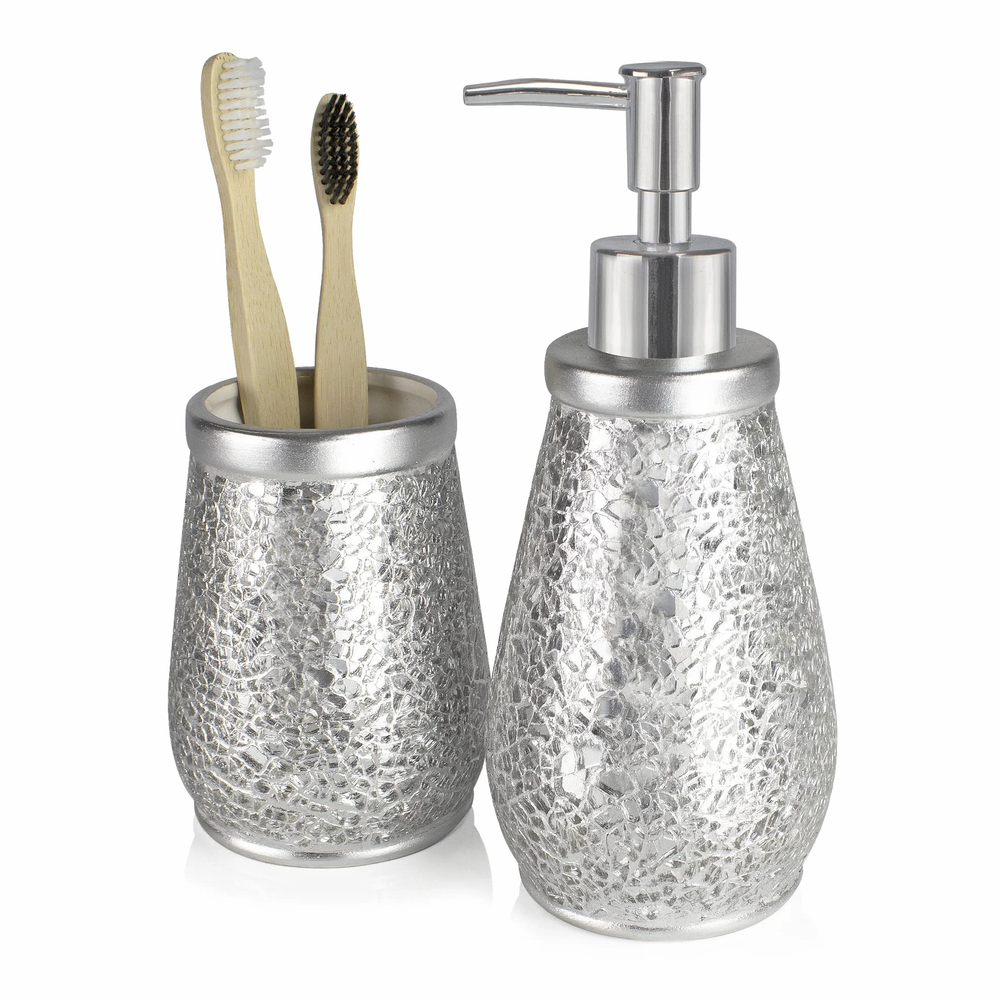 Vaso Cepillo Dientes Baño Serie Trencadis Plata Resina Cristal 8 cm x 12 cm