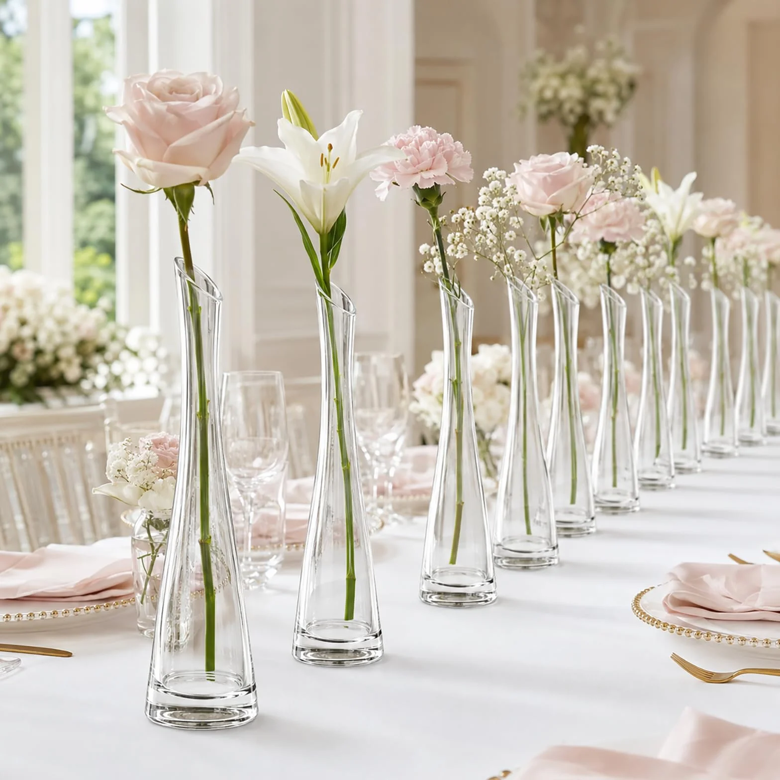 Lallisa Juego de 18 jarrones altos de cristal para centros de mesa, jarrón de rosas delgadas individuales a granel para flores, bodas, fiestas, eventos, decoración de mesa en casa y oficina (7.87
