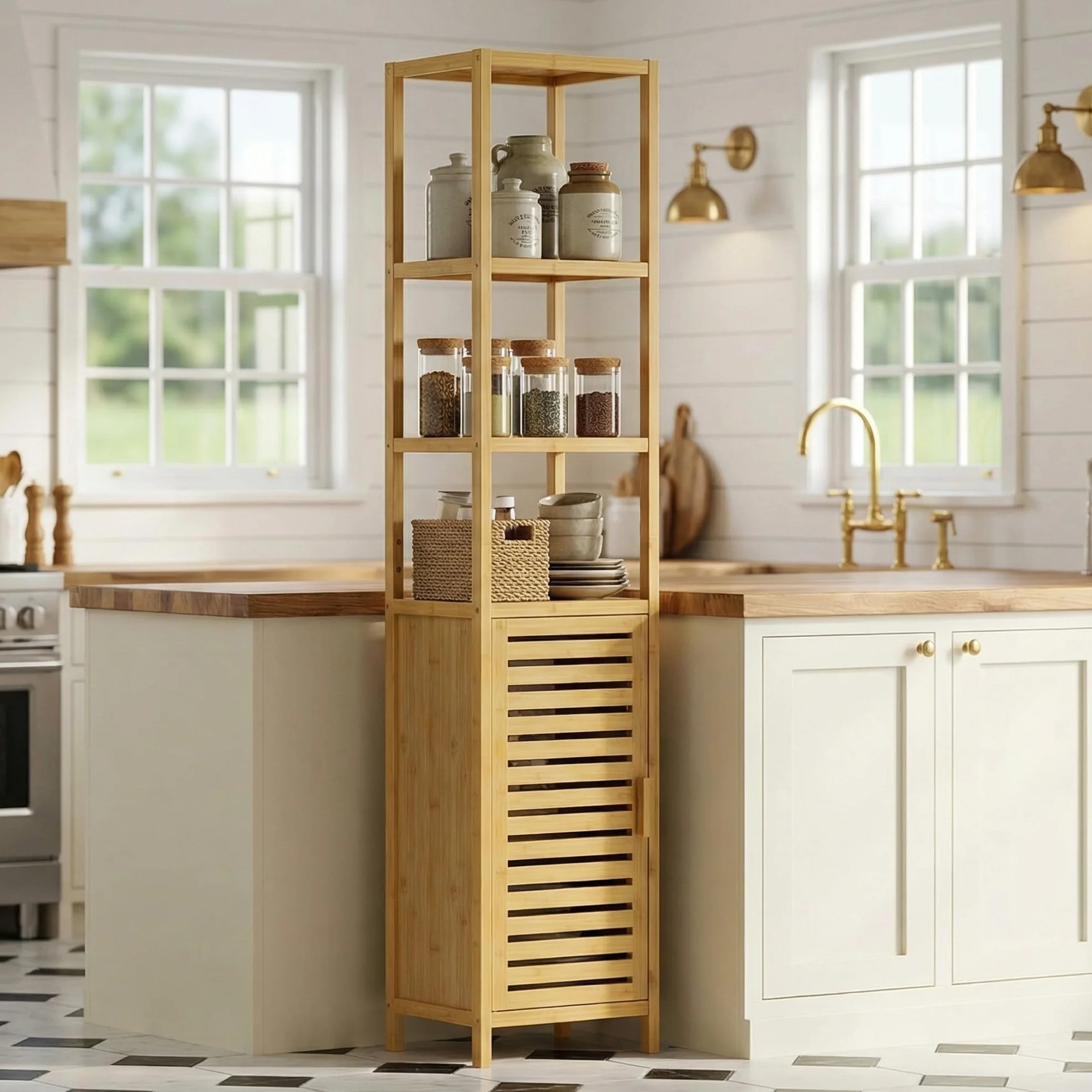HITNET Mueble Columna Baño Estrecho, Armario Alto Baño Bambu, Gabinete de Almacenamiento con Estantes Ajustables y Compartimentos Abiertos, para Espacios Pequeños, Natural