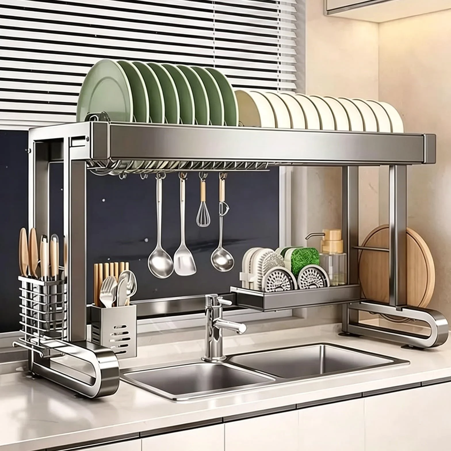 Escurreplatos sobre el Fregadero de Acero Inoxidable 304, Altura Ajustable, Ahorro de Espacio, Adecuado para el Fregadero de la Cocina, Ideal para secar Platos(Single Layer,76cm/29.9in)