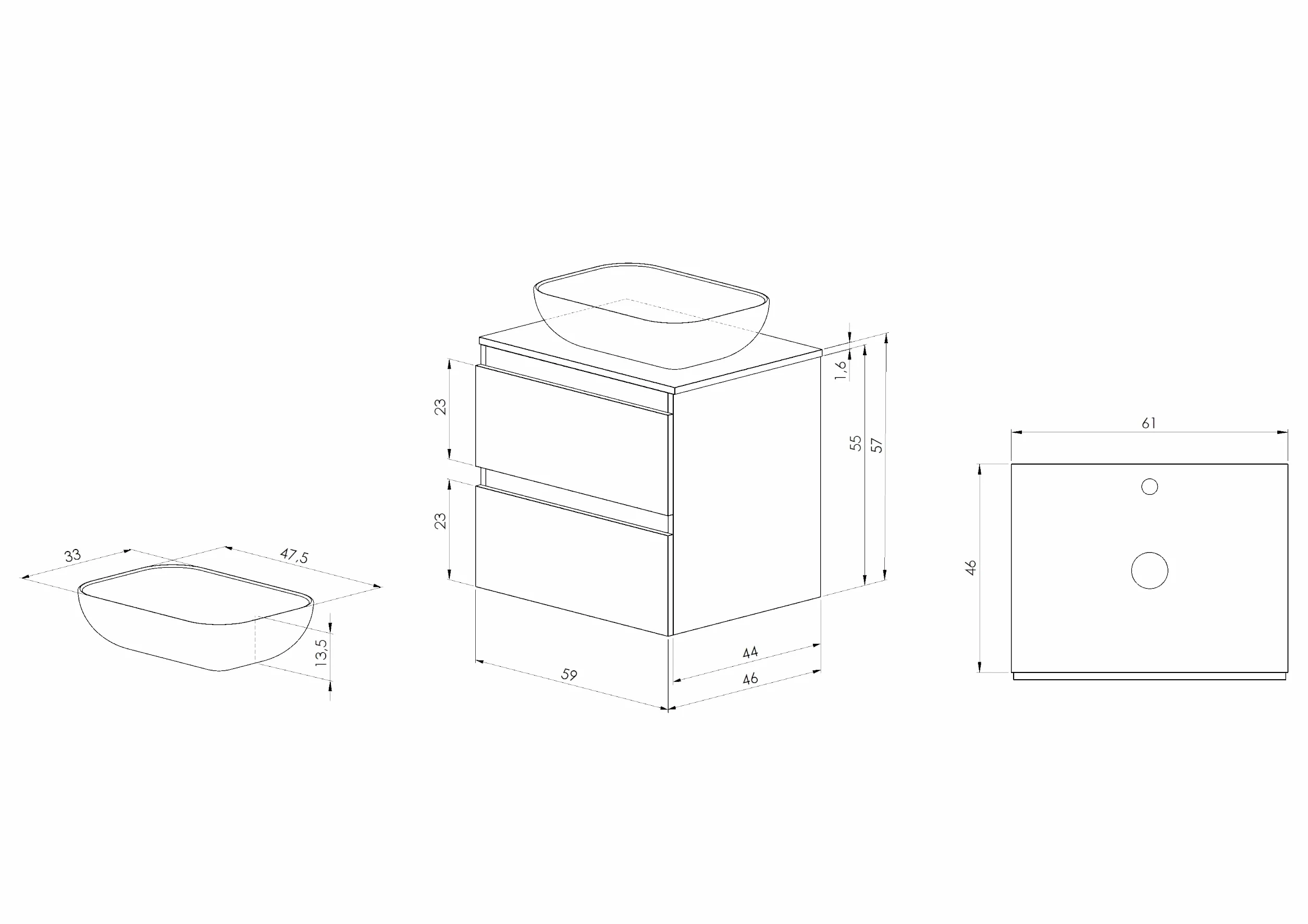 BELLOBATH - Mueble Baño Suspendido con Lavabo de Cerámica, Mueble Baño con Lavabo Montado con 2 Cajones, 60 x 55 x 46 cm, Mueble Roble y Tapa Blanca