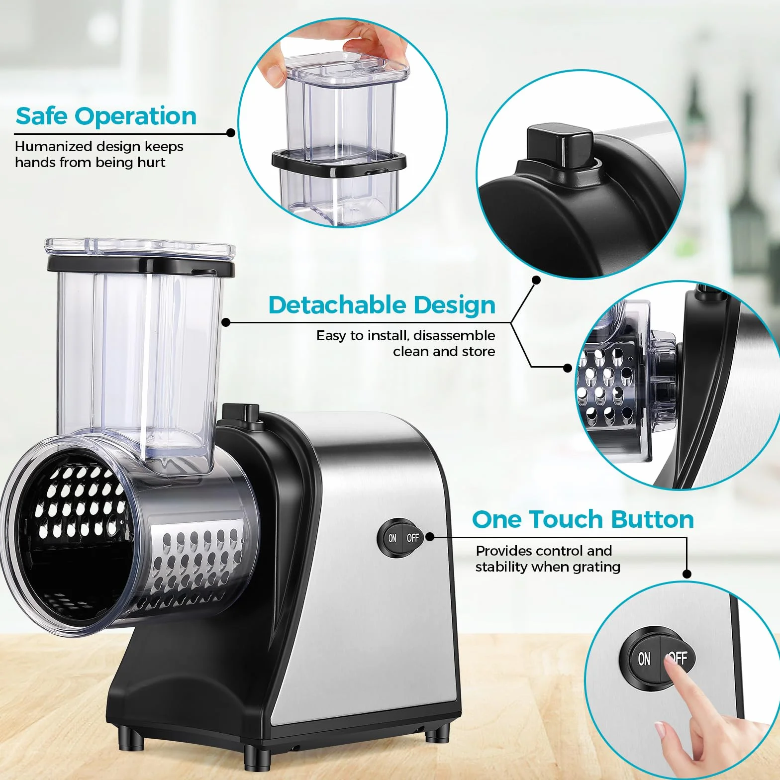Nictemaw Cortador de Verduras Eléctrico Profesional 250W – Rallador de Queso Acero Inoxidable y Mandolina con 5 Cuchillas – Boca Extra Ancha 9,2cm para Frutas – Rápido Meal Prep