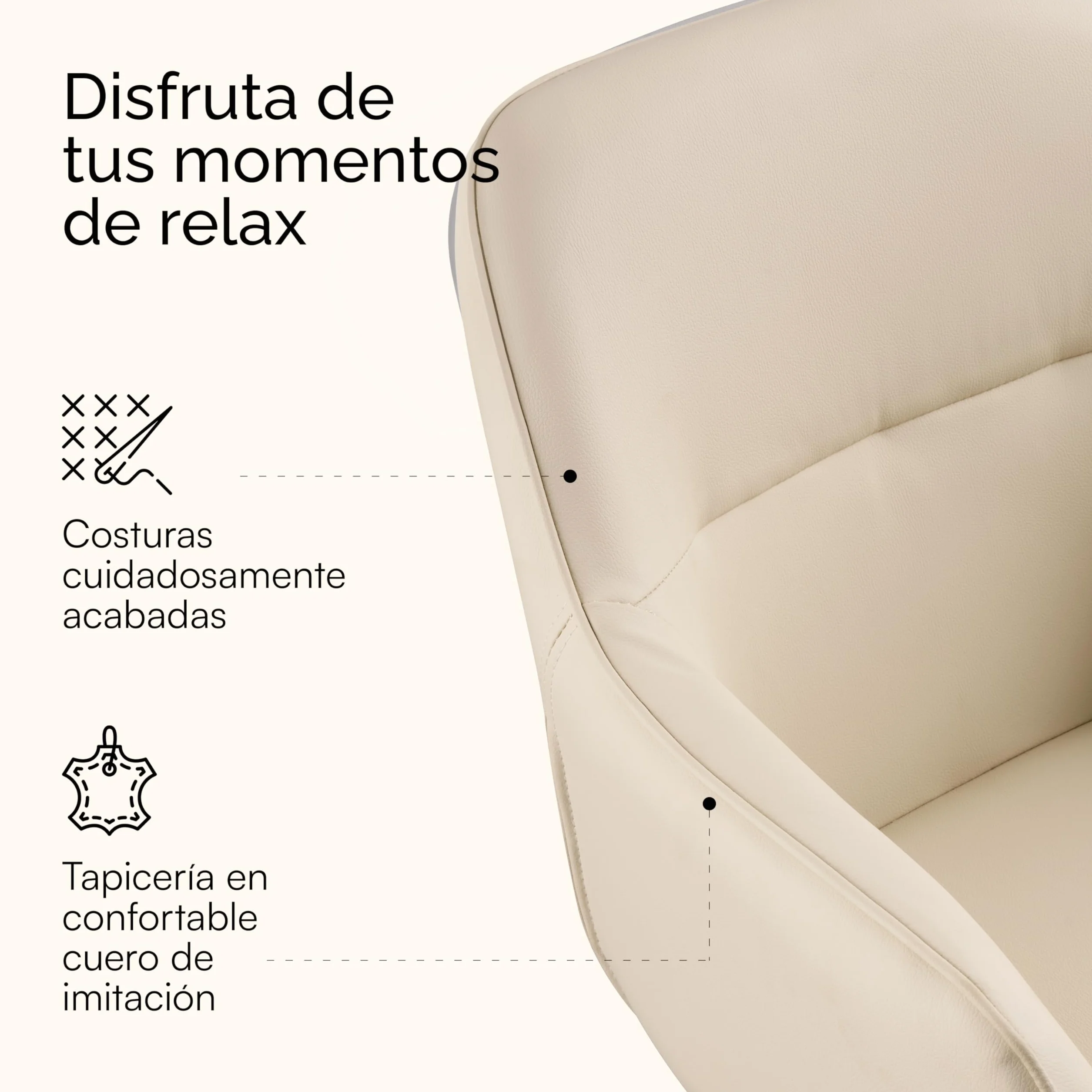 Sillón Giratorio Moderno Baroni Home con Tapicería de Cuero de Imitación, Patas de Acero Negro, Beige, 55x85x47 cm