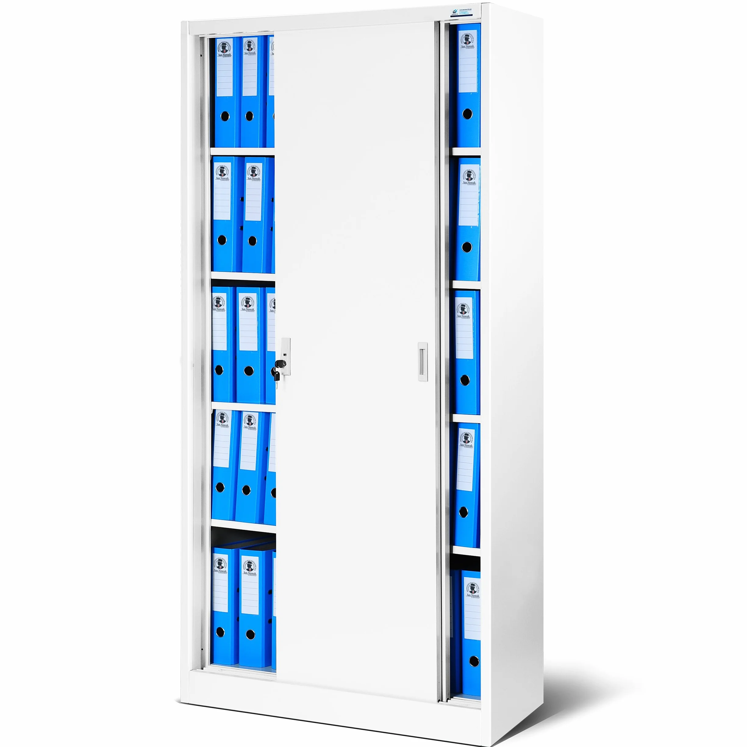 Jan Nowak Armario de Oficina con Puertas correderas Armario metálico 4 estantes Pintura en Polvo con Cerradura 185 cm x 90 cm x 40 cm (Blanco)