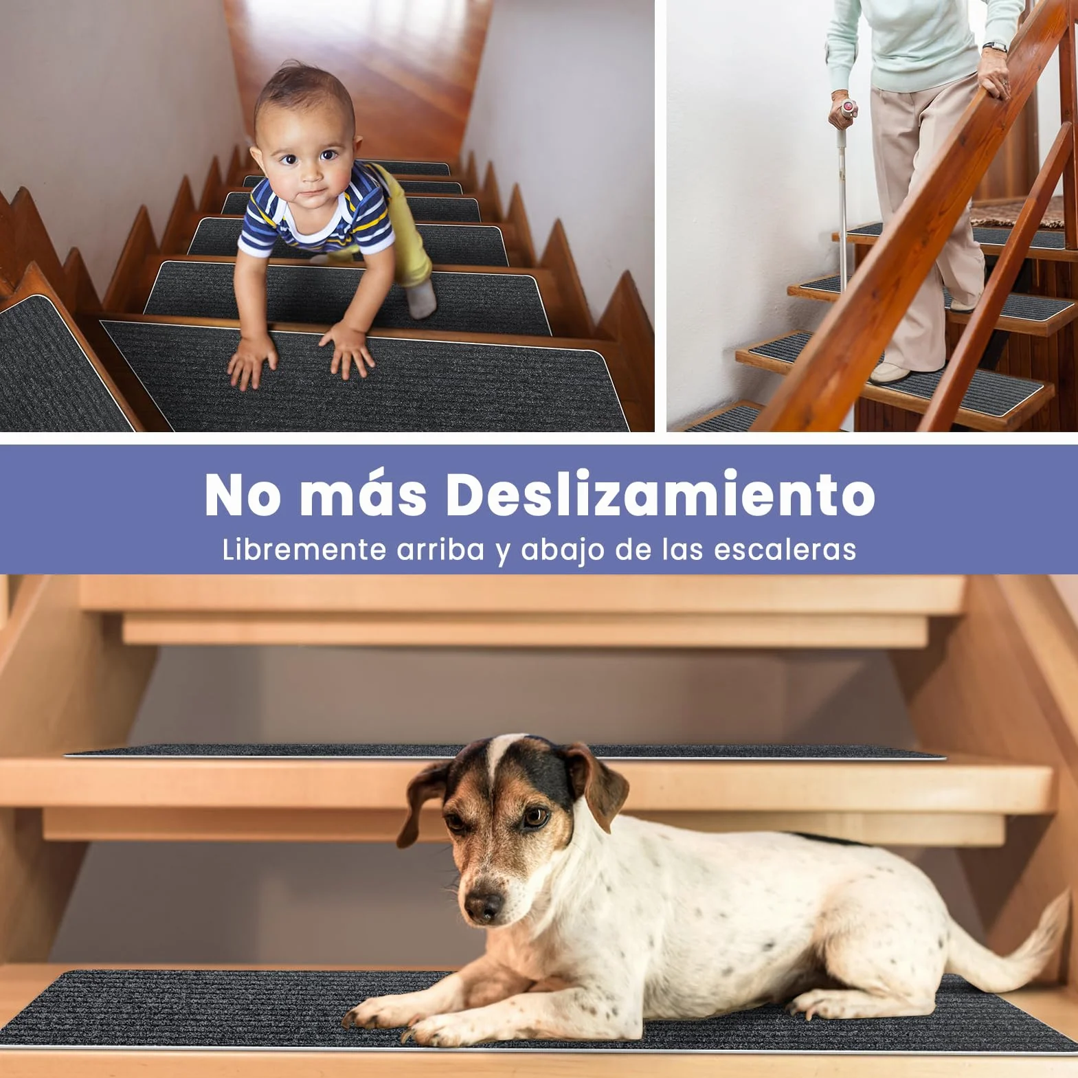 Alfombrillas para Escaleras Antideslizantes, 15 Alfombrillas Autoadhesivas Escalones Interiores, Recortables y Reutilizables - Protección para Mascotas, Mayores, Niños (Gris Oscuro, 76x20 cm)