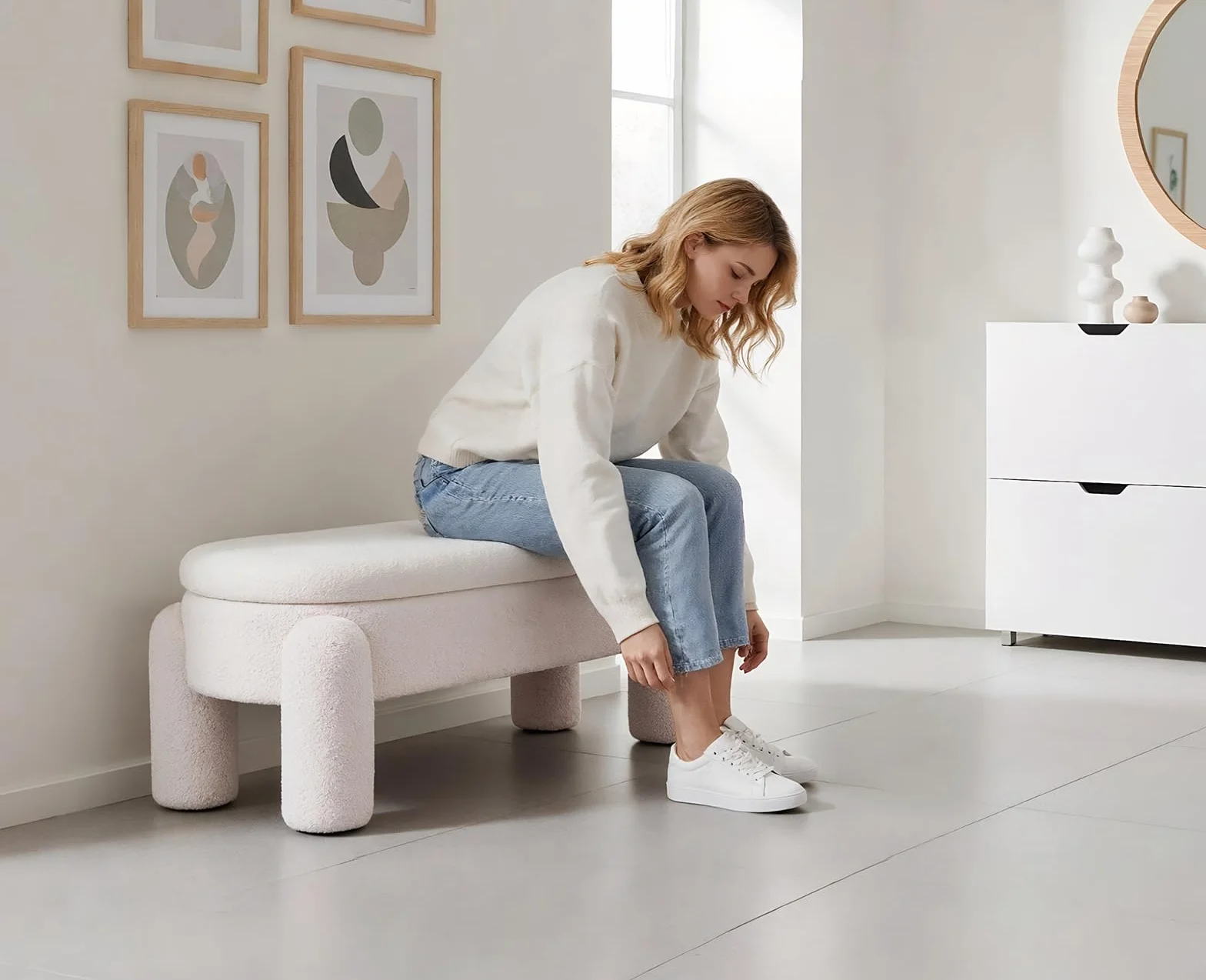 chairus Banco de Almacenaje para Pie de Cama Bancos Tapizados de Piel sintética, Banqueta con Patas Baúl para Tocador/Recibidor, Blanco