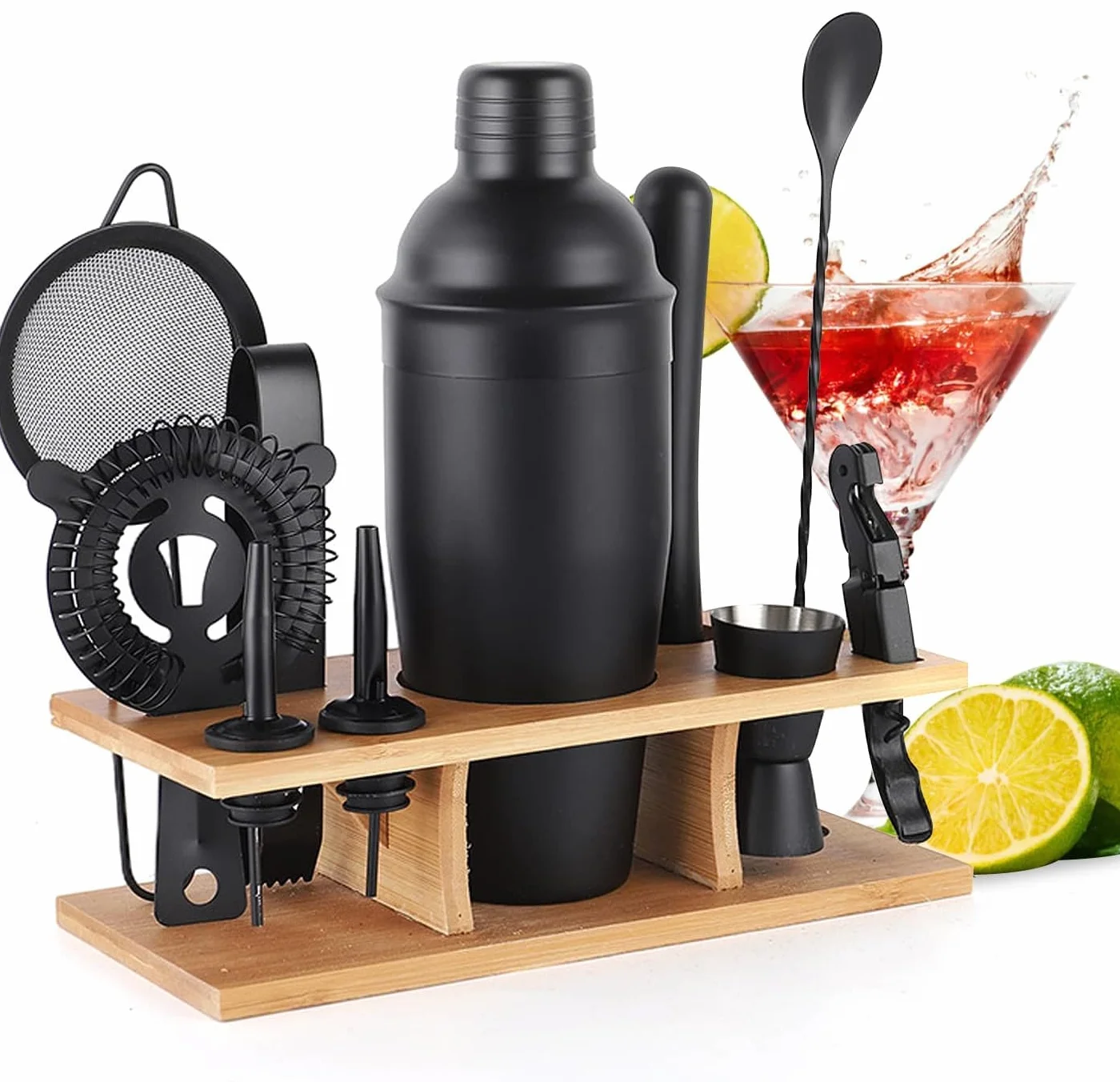 Bartender Kit 11-Piezas Coctelera-Mezclador para Cócteles 25oz Boston Shaker-Accesorios de Bar con Elegante Soporte de Bambú Mix Drink Shaker Kit Kit Martini…