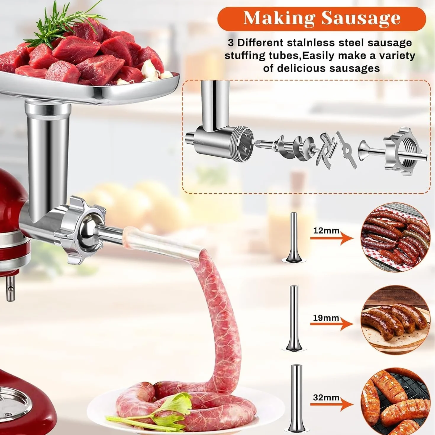 Accesorio picador de carne para batidora de pie Kitchenaid, con 3 cuernos para embutir salchichas, 3 cuchillas para picar, 4 discos para picar y prensa para hamburguesas (acero inoxidable)