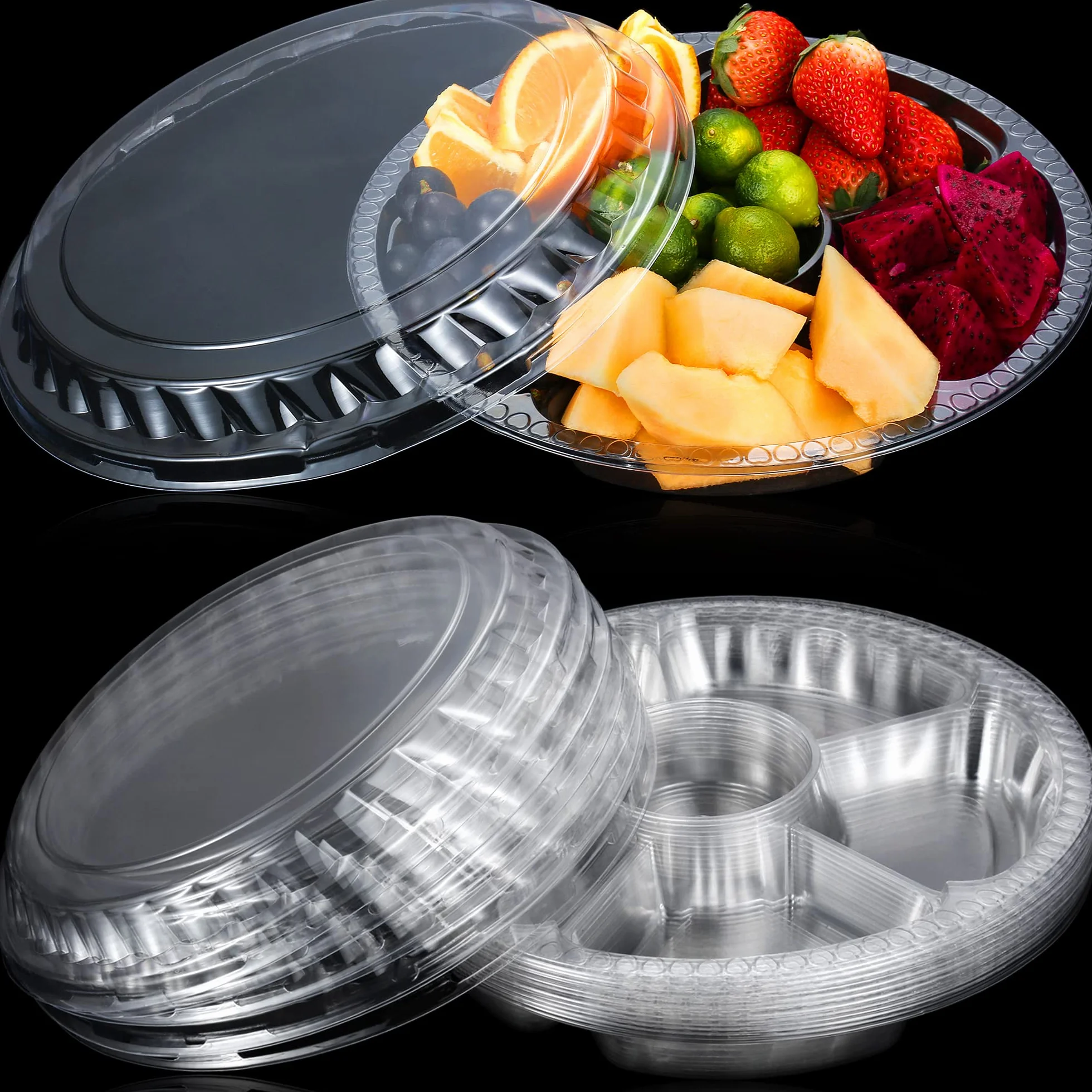 Paquete de 12 bandejas redondas de plástico para verduras con tapa, bandeja de frutas, 6 compartimentos divididos, bandeja de inmersión para servir alimentos, bandejas de catering reutilizables para