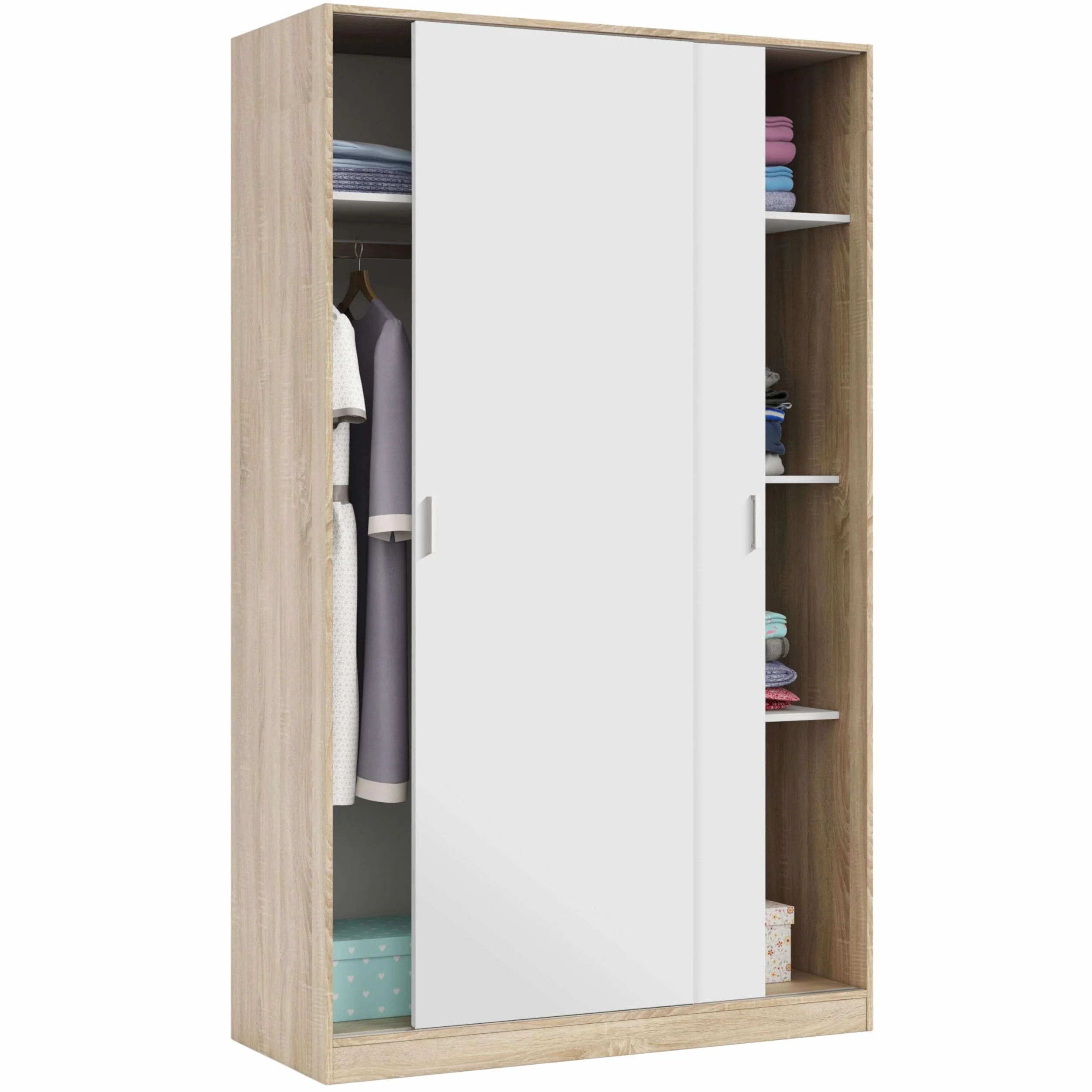 Habitdesign Armario 2 Puertas Correderas y Estantes, 200x120x50 (AltoxAnchoxFondo - en cm). Ropero Dormitorio Principal, Armario Infantil, Color Blanco Artik y Roble Canadian