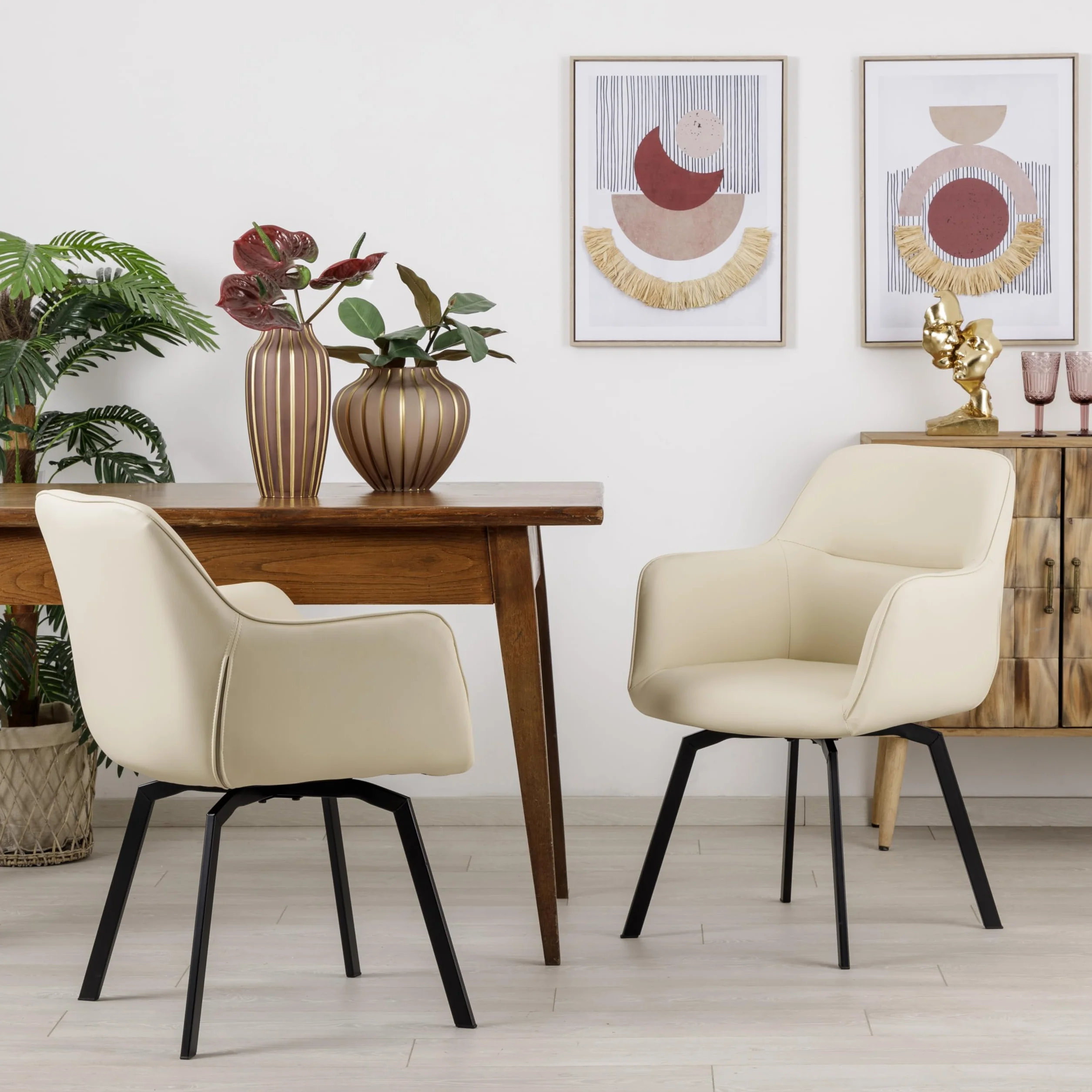 Sillón Giratorio Moderno Baroni Home con Tapicería de Cuero de Imitación, Patas de Acero Negro, Beige, 55x85x47 cm