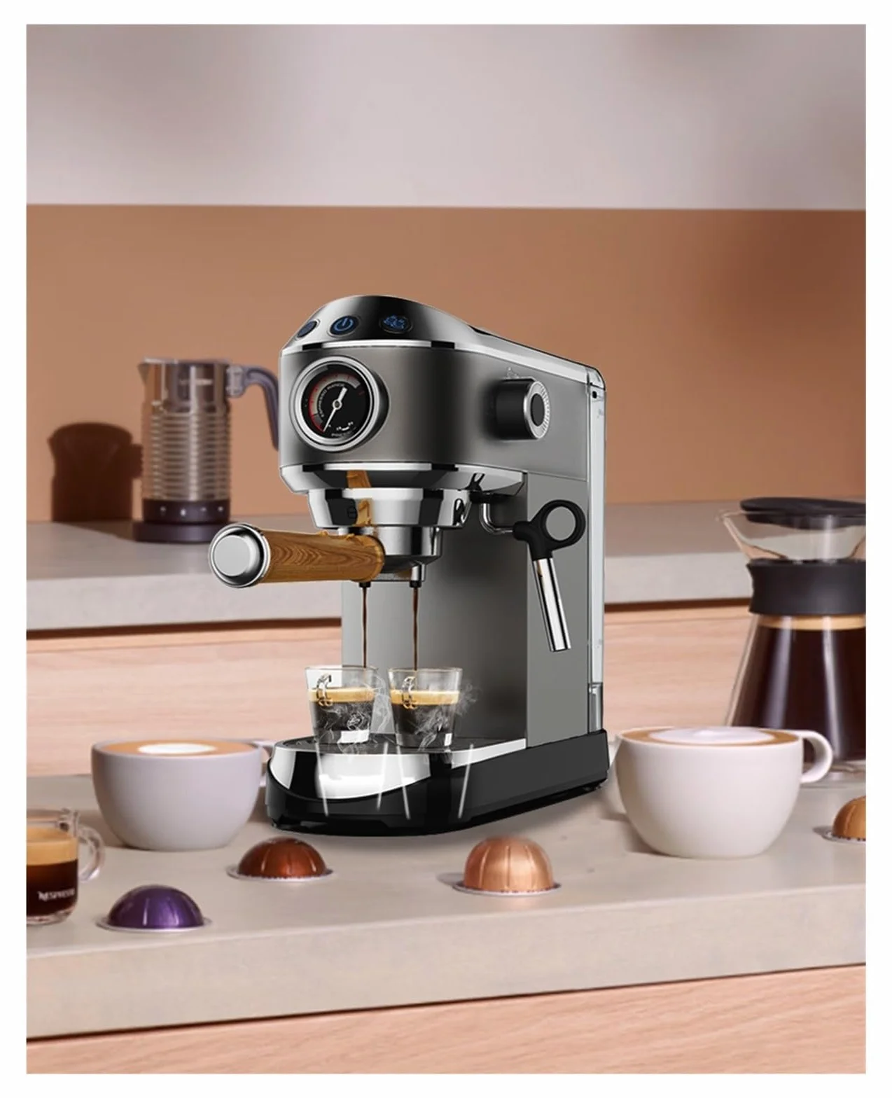 Cafetera semiautomática de 20 Bares con vaporizador Leche, Ideal para Espresso, Capuchino, Latte y Moca.
