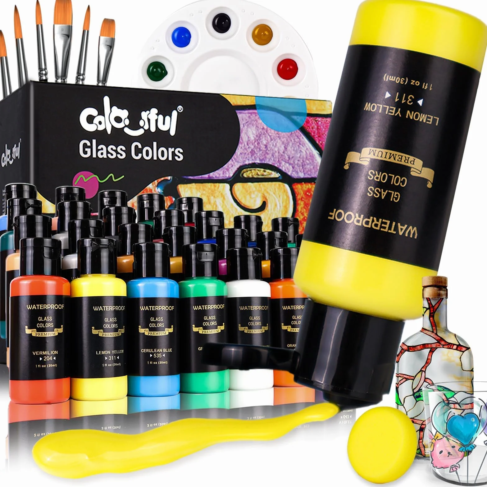 Kit de pintura permanente con 6 pinceles, 1 paleta y 1 esponja, 30 ml/botella, pintura de vidrio de 26 colores para galería, ventana, arte