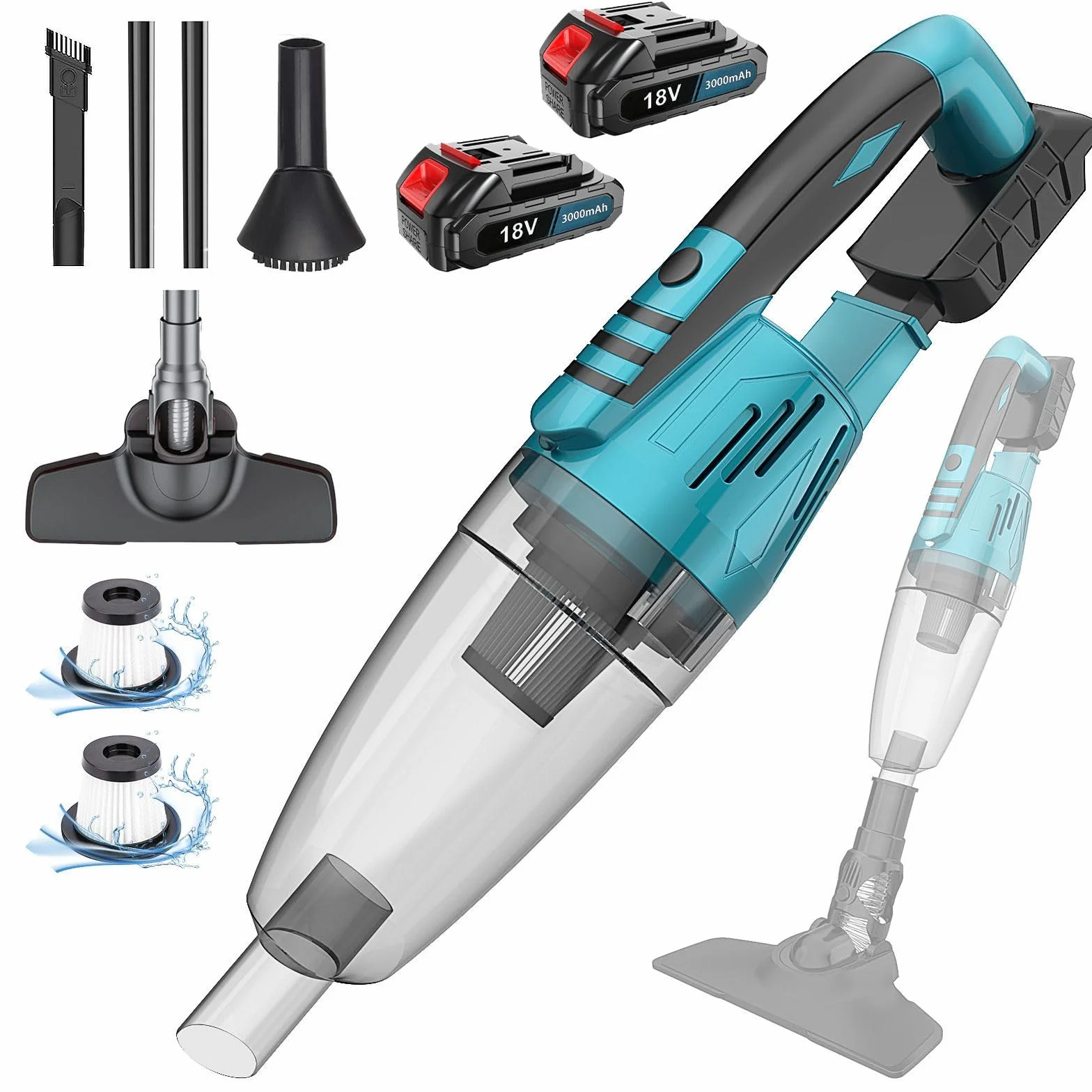 Aspiradora de mano con batería con 2 baterías de 18 V y 3000 mAh, 3 en 1, multifuncional, para casa y coche, pelo de animales