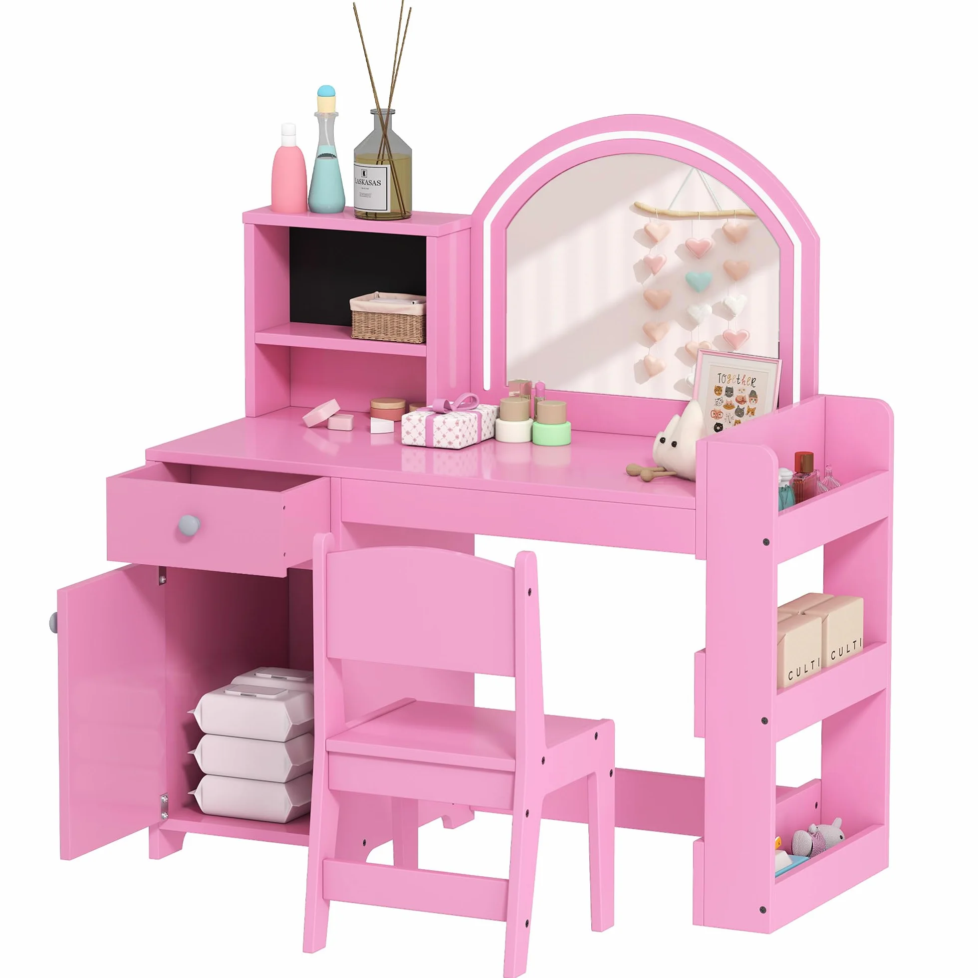 AIYAPLAY Tocador infantil con taburete y espejo LED, tocador de madera para niña con cajón, armario, 2 compartimentos abiertos y 3 estantes, mesa de maquillaje para niños de 3 a 8 años, rosa